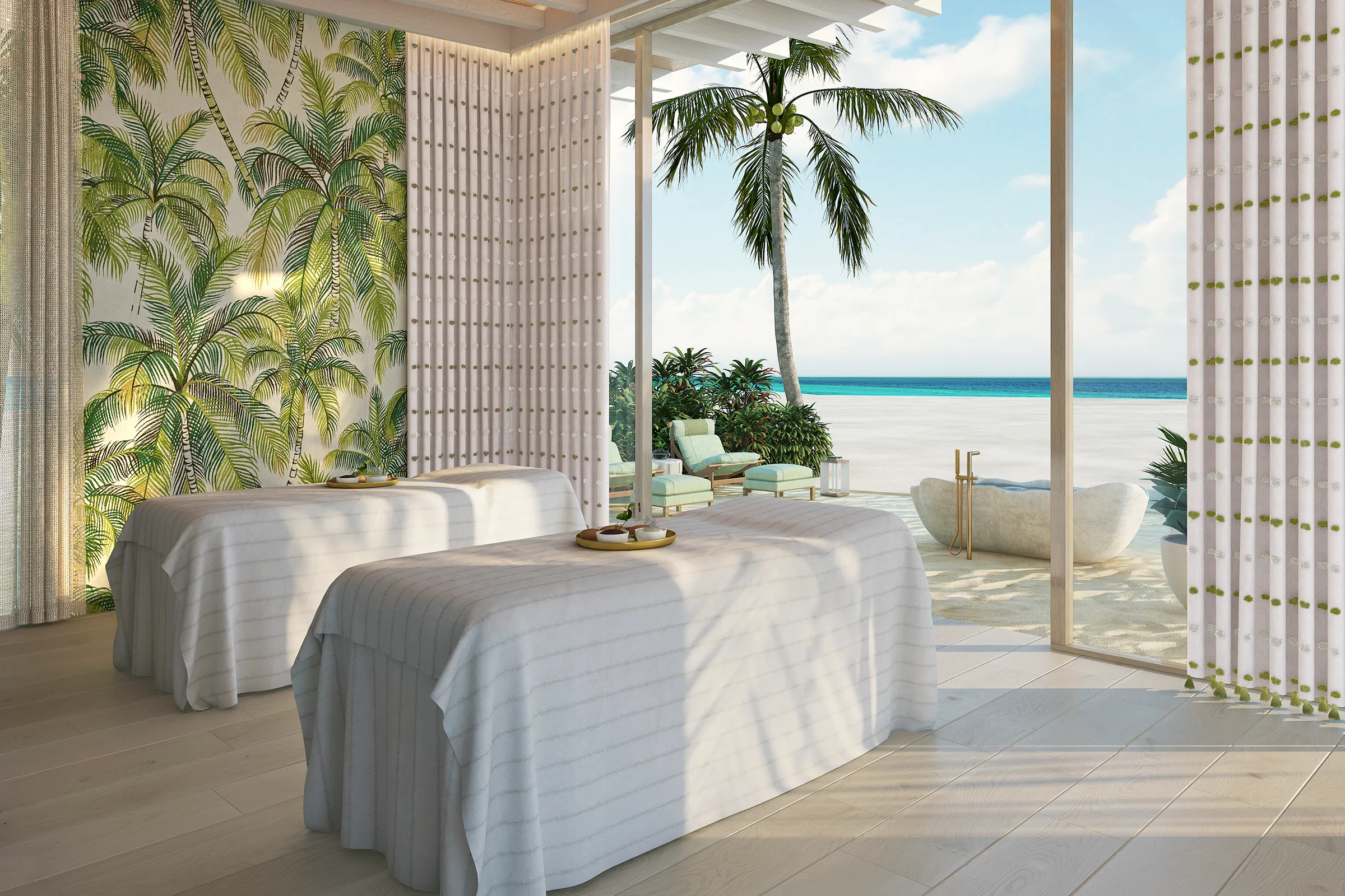 Beachfront spa treatment room at .Here Resort in the Maldives with ocean views and tropical décor.