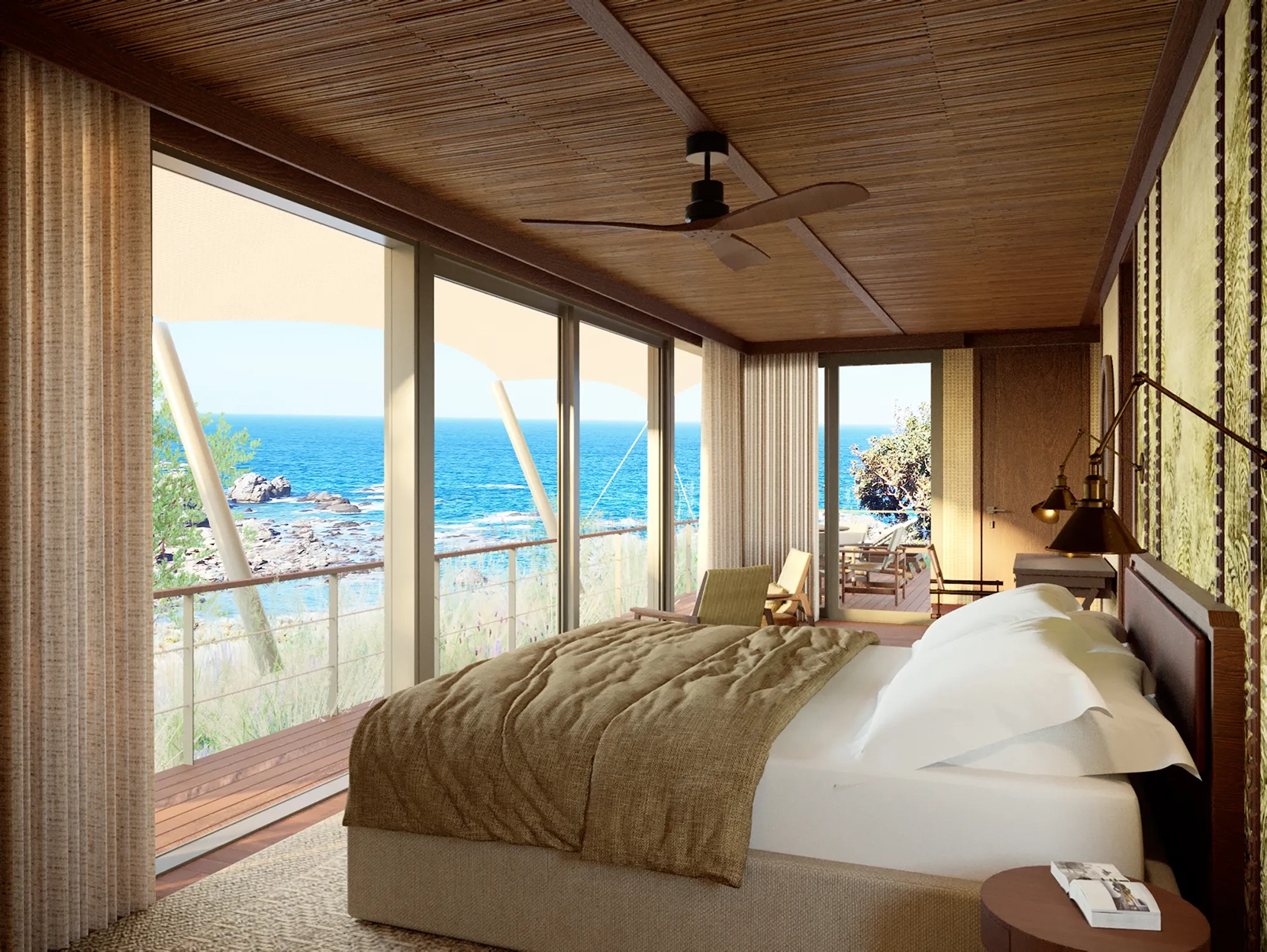 A luxury tent bedroom with floor to ceiling windows showing an outdoor balcony