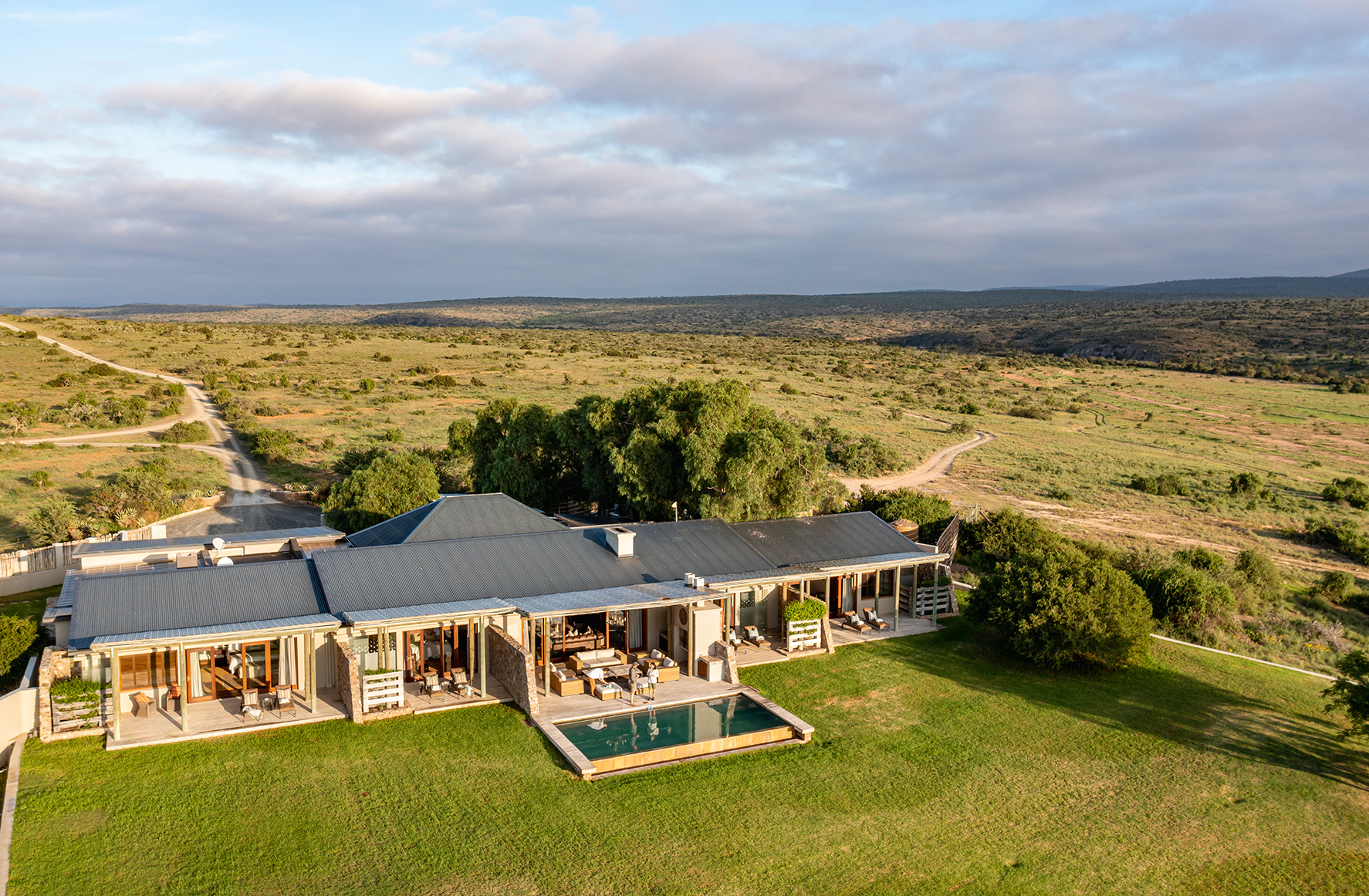 Africa, South Africa, Kwandwe Private Game Reserve Fort House, ariel view