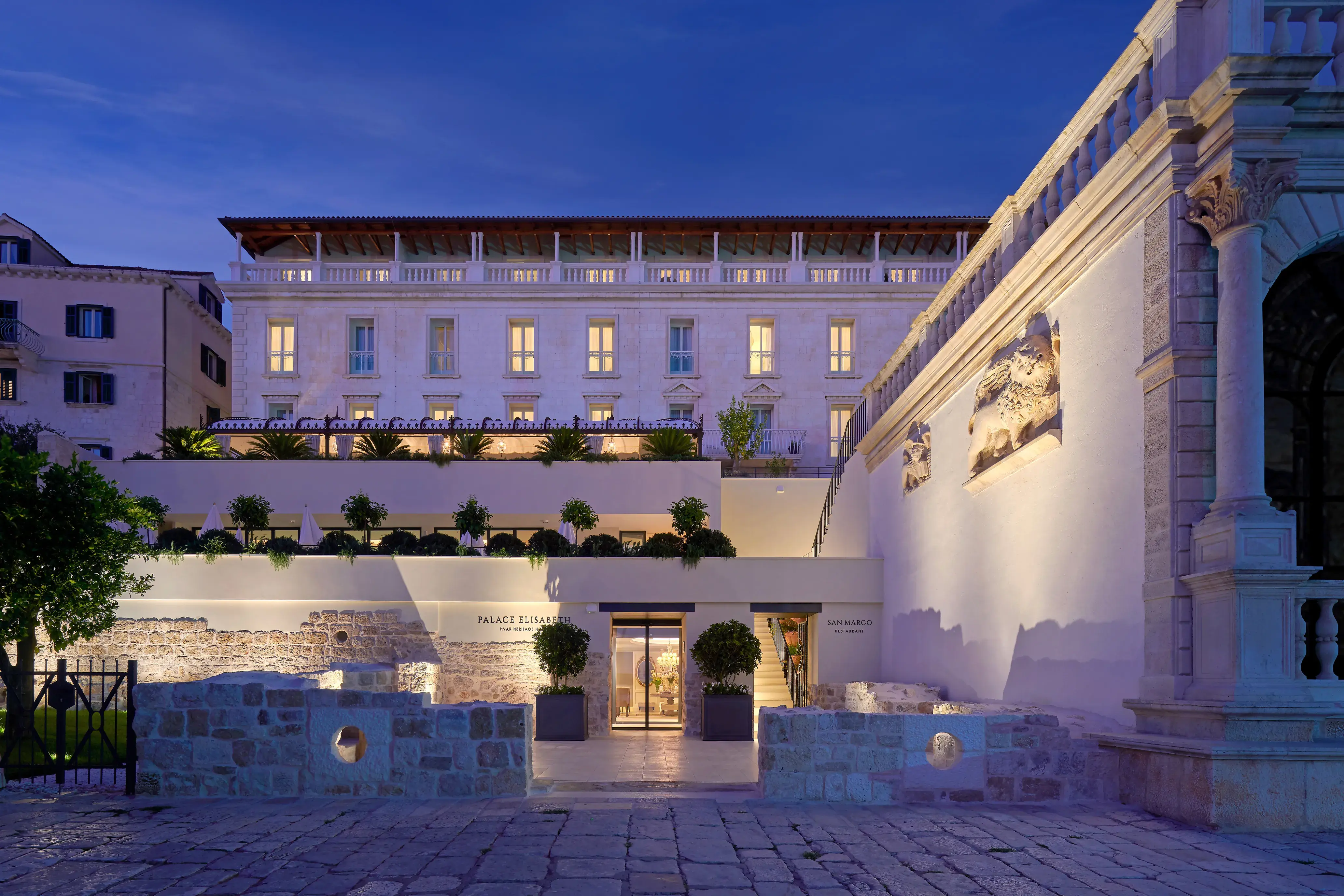 Exterior of Palace Elisabeth in Croatia at night