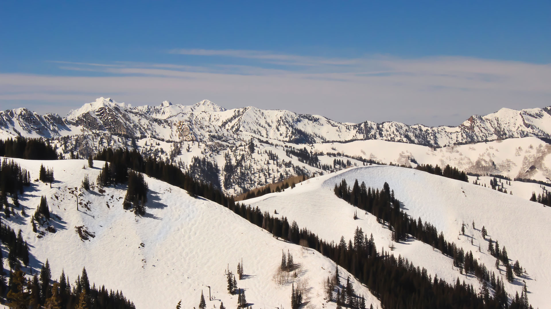 A snow and tree covered mountain range in the USA