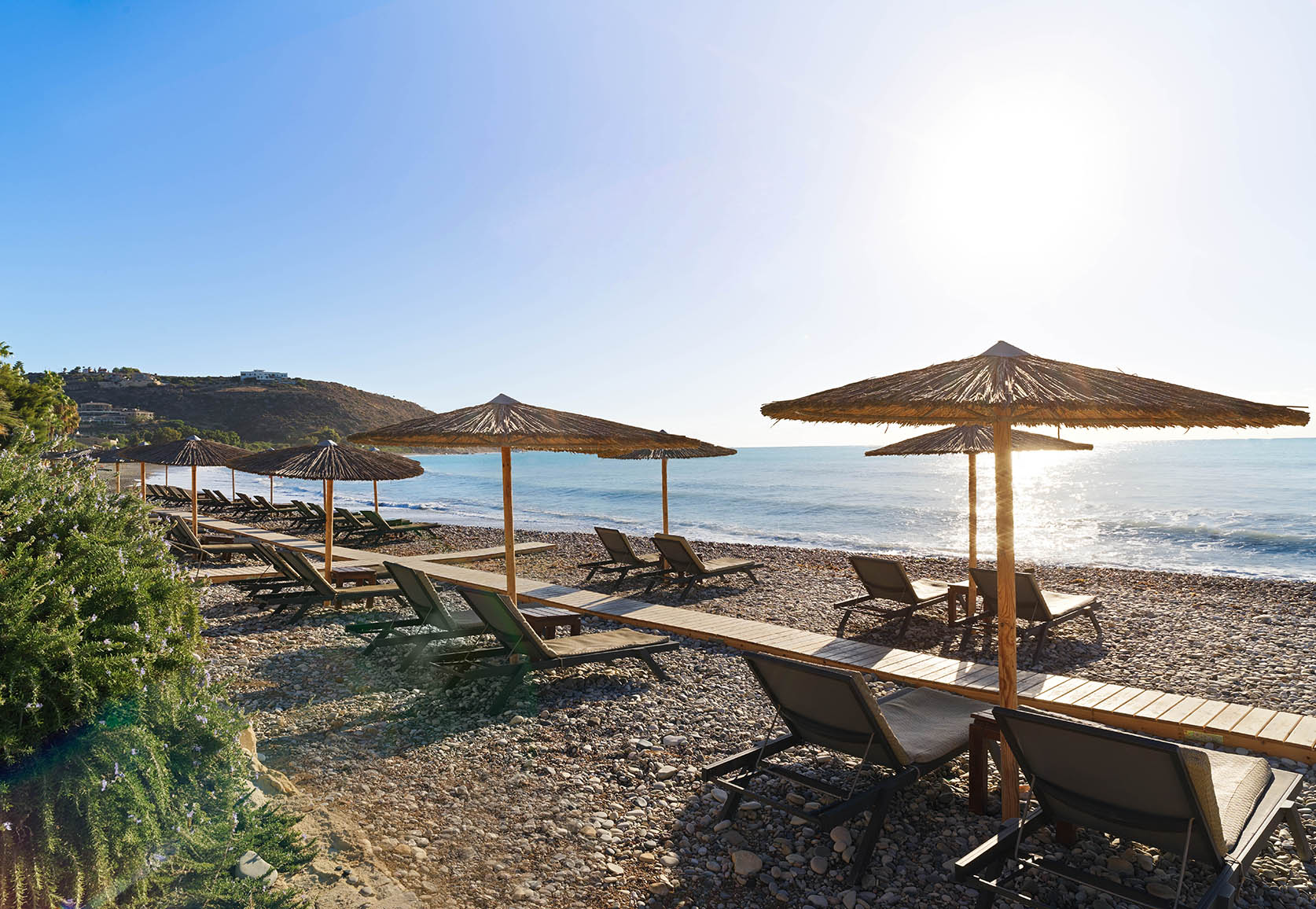 Europe, Cyprus, Columbia Beach Resort, sun loungers on Pissouri Bay Beach