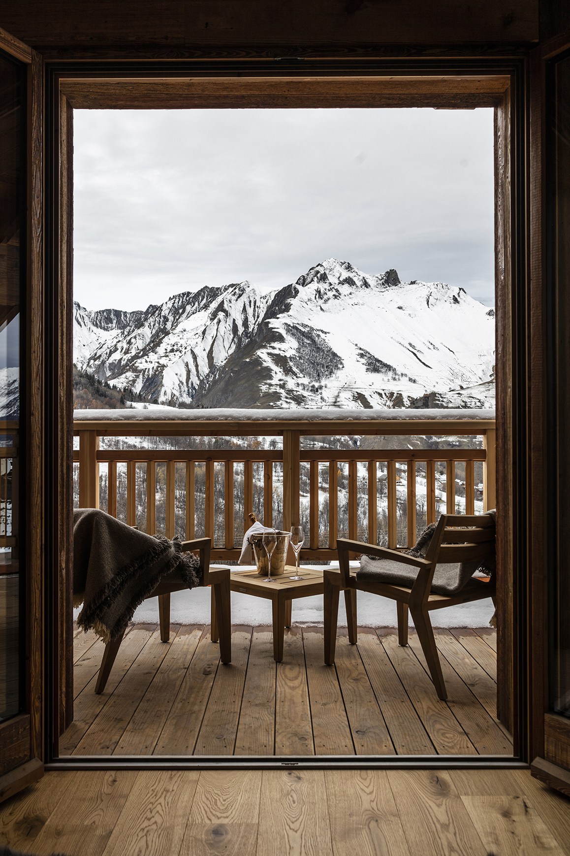 Ski & Snow, France, St Martin de Belleville, M Lodge, table and chairs on terrace with mountain view