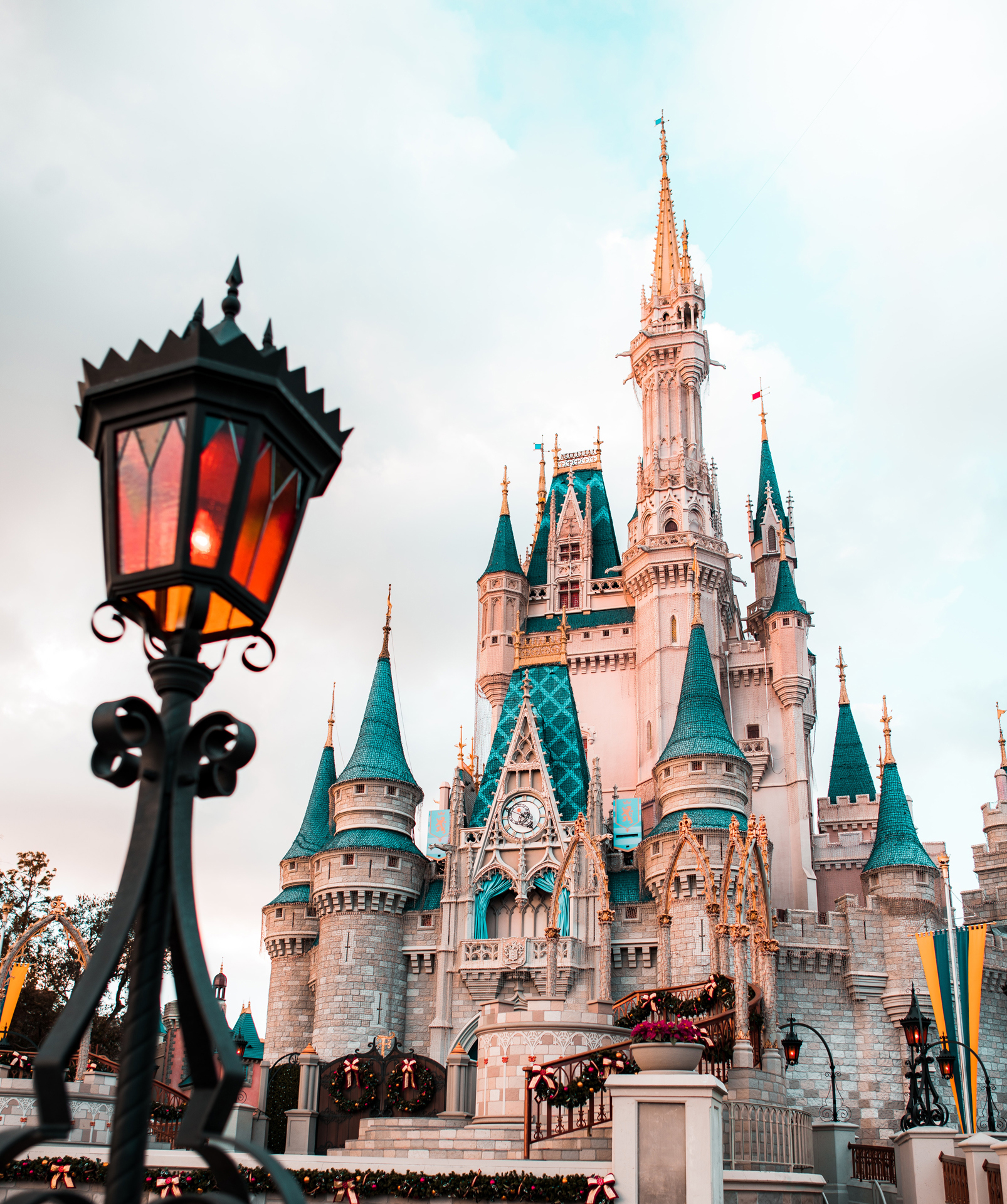Black lamp and view of Cinderella Castle at Disneyland