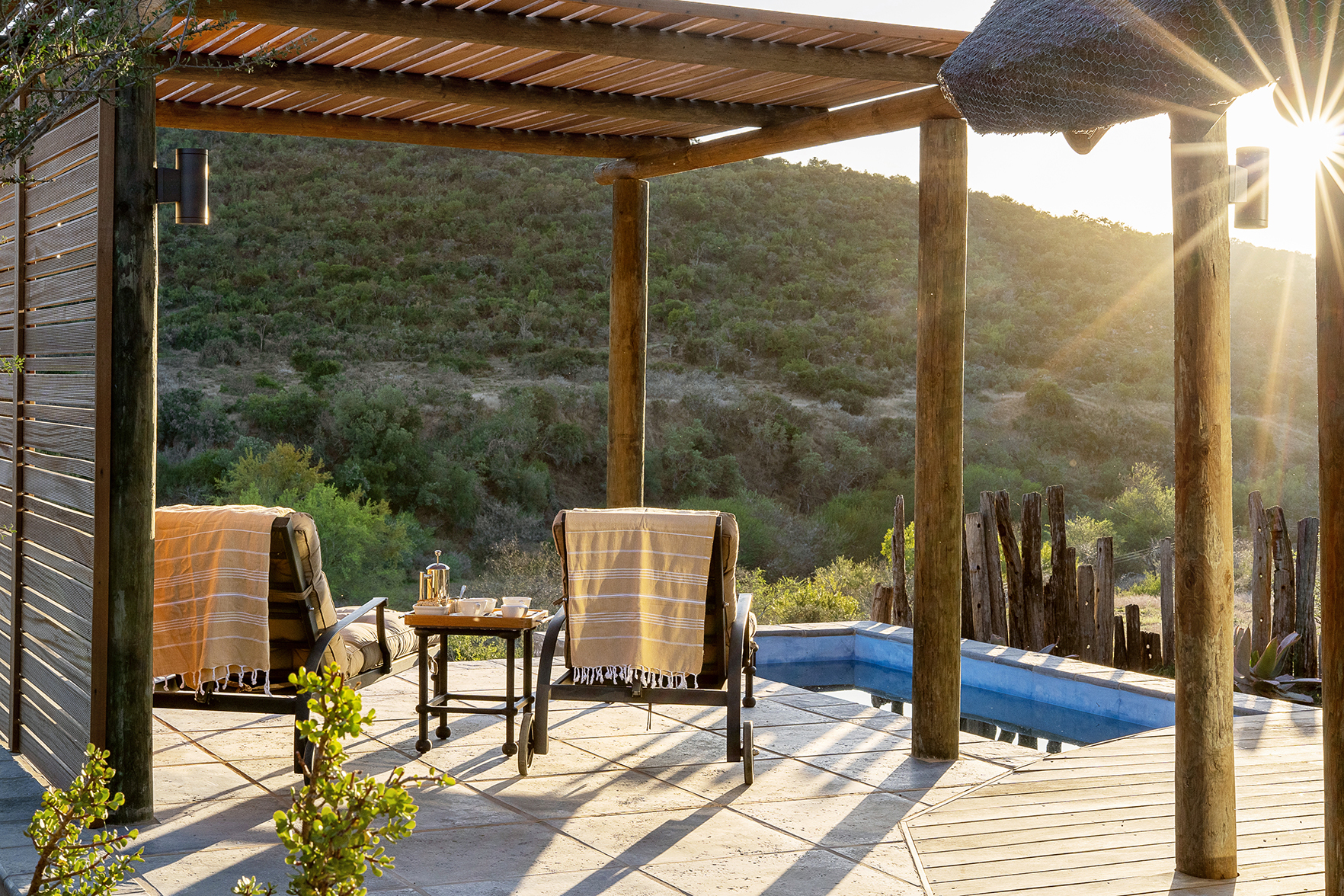 Africa, South Africa, Kwandwe Private Game Reserve, Great Fish River Lodge, two sun loungers by plunge pool