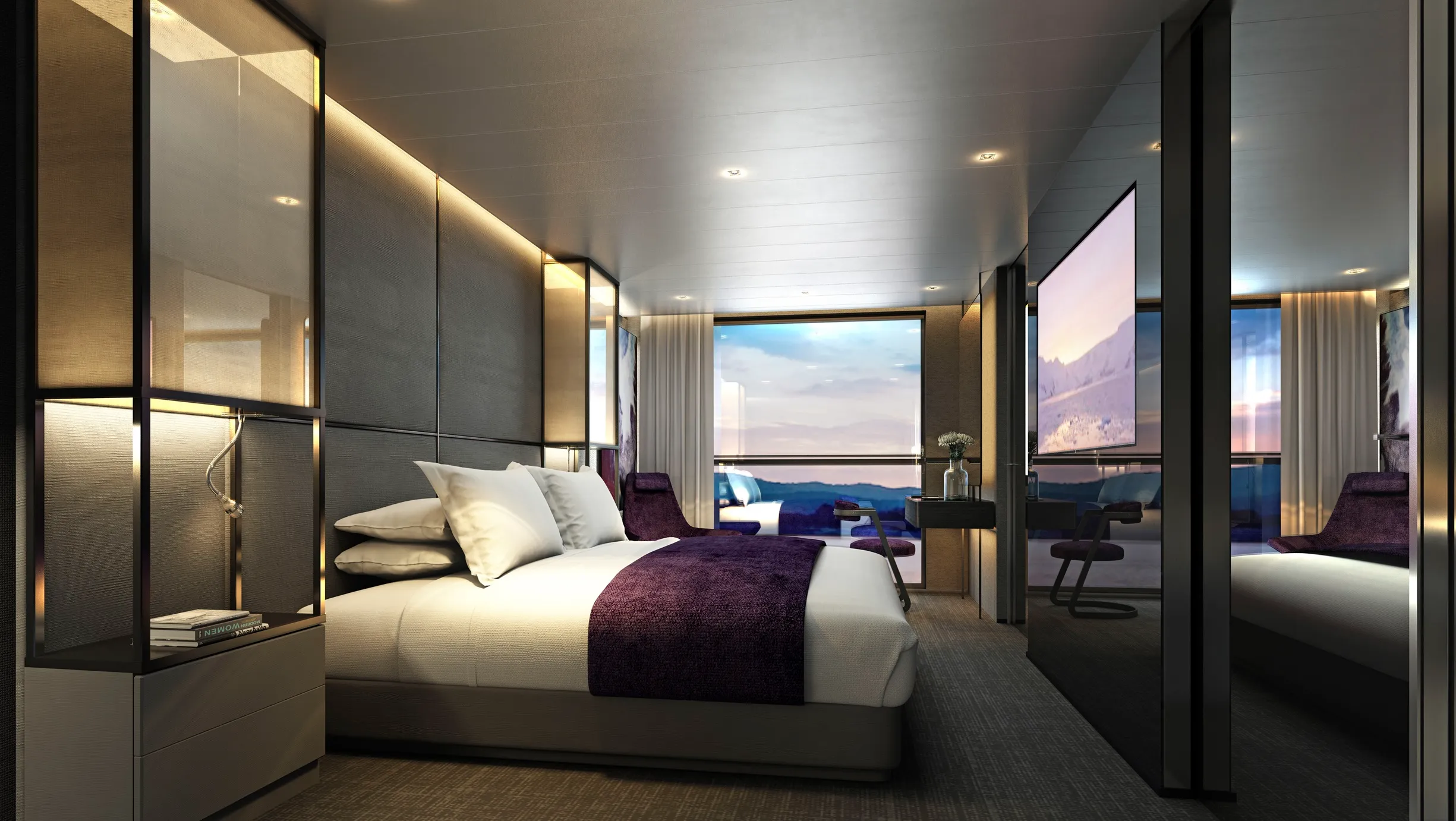Modern hotel room with a large bed, purple accents, and floor-to-ceiling windows offering a scenic view.