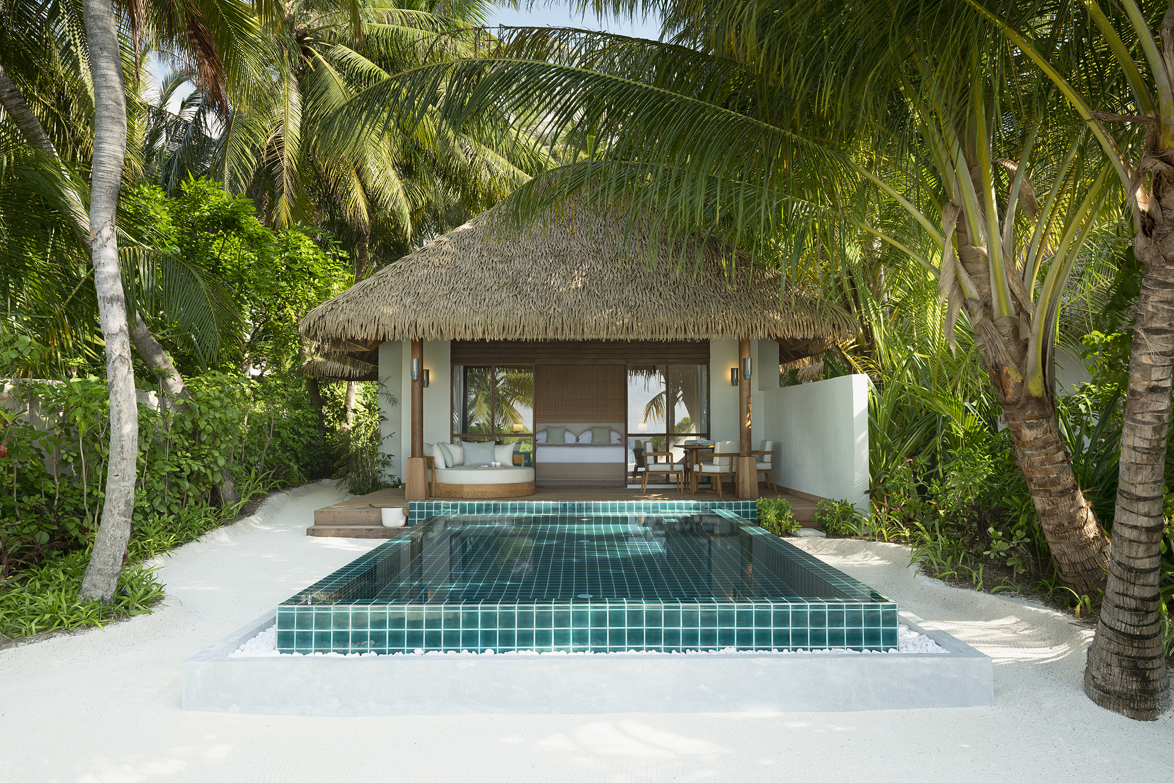 The exterior of a thatched Beach Bungalow flanked by palms with a green plunge pool and loungers outside while the doors open to reveal a bedroom beyond
