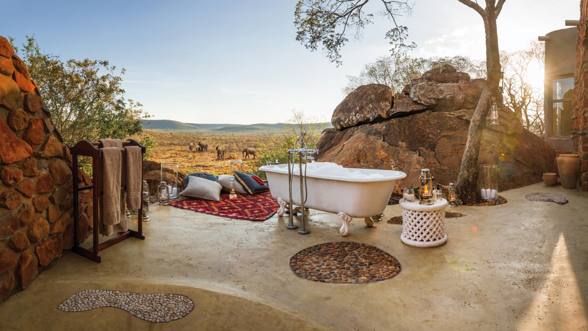 Outdoor honeymoon bath at an African Safari lodge 