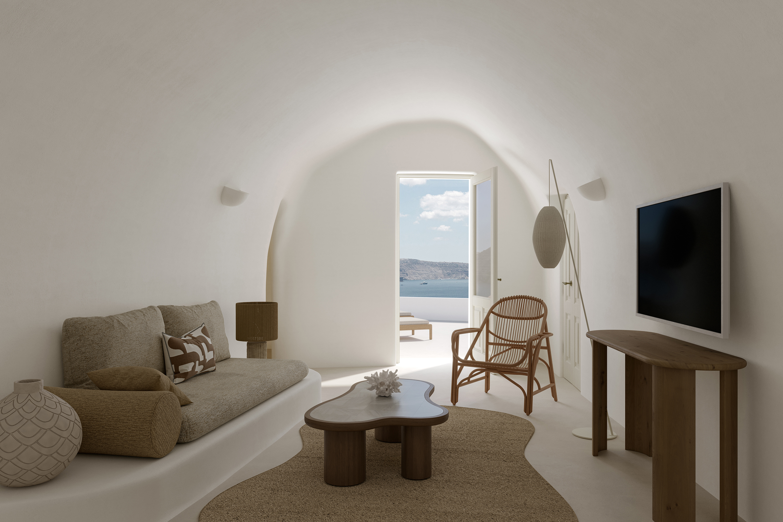 Europe, Greece, Santorini, Mystique, a Luxury Collection Hotel, Living Room Interior