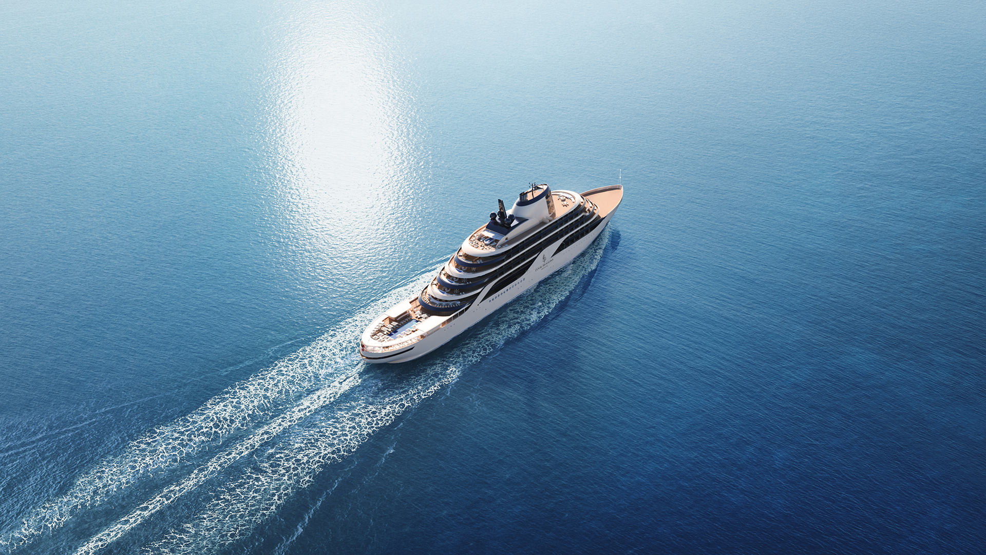 Four Seasons I yacht on blue seas from above