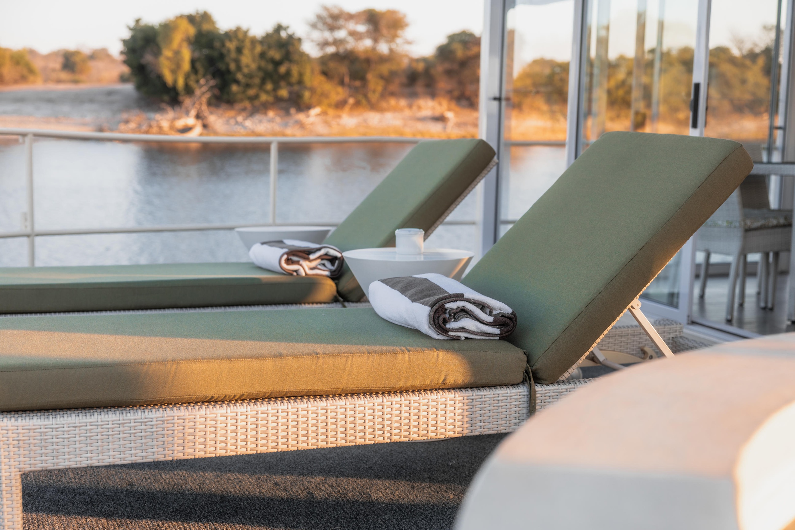 Sun loungers overlooking the Chobe River aboard the Chobe Princess