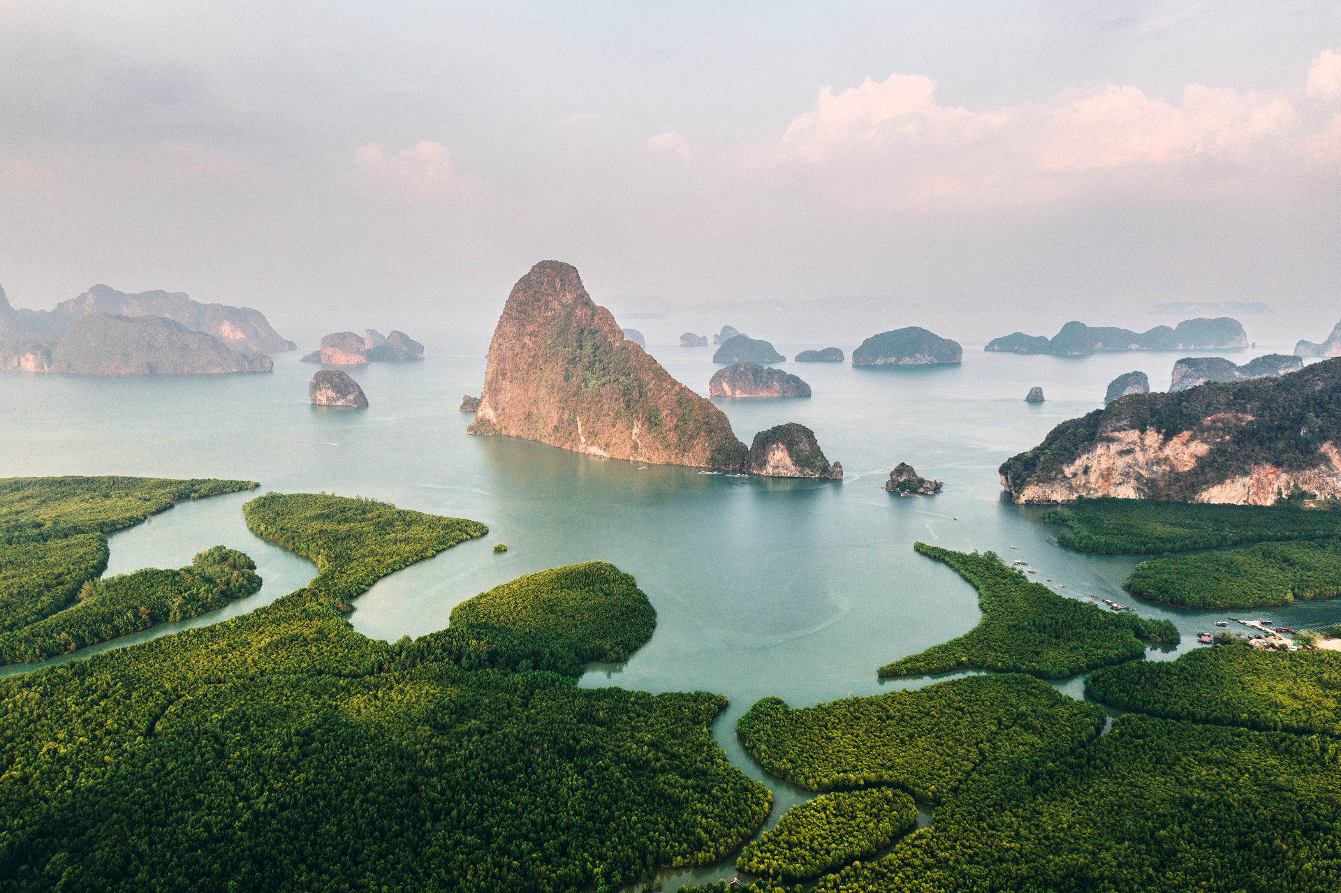 An aerial view of Phang Nga Bay as the rivers meet the sea