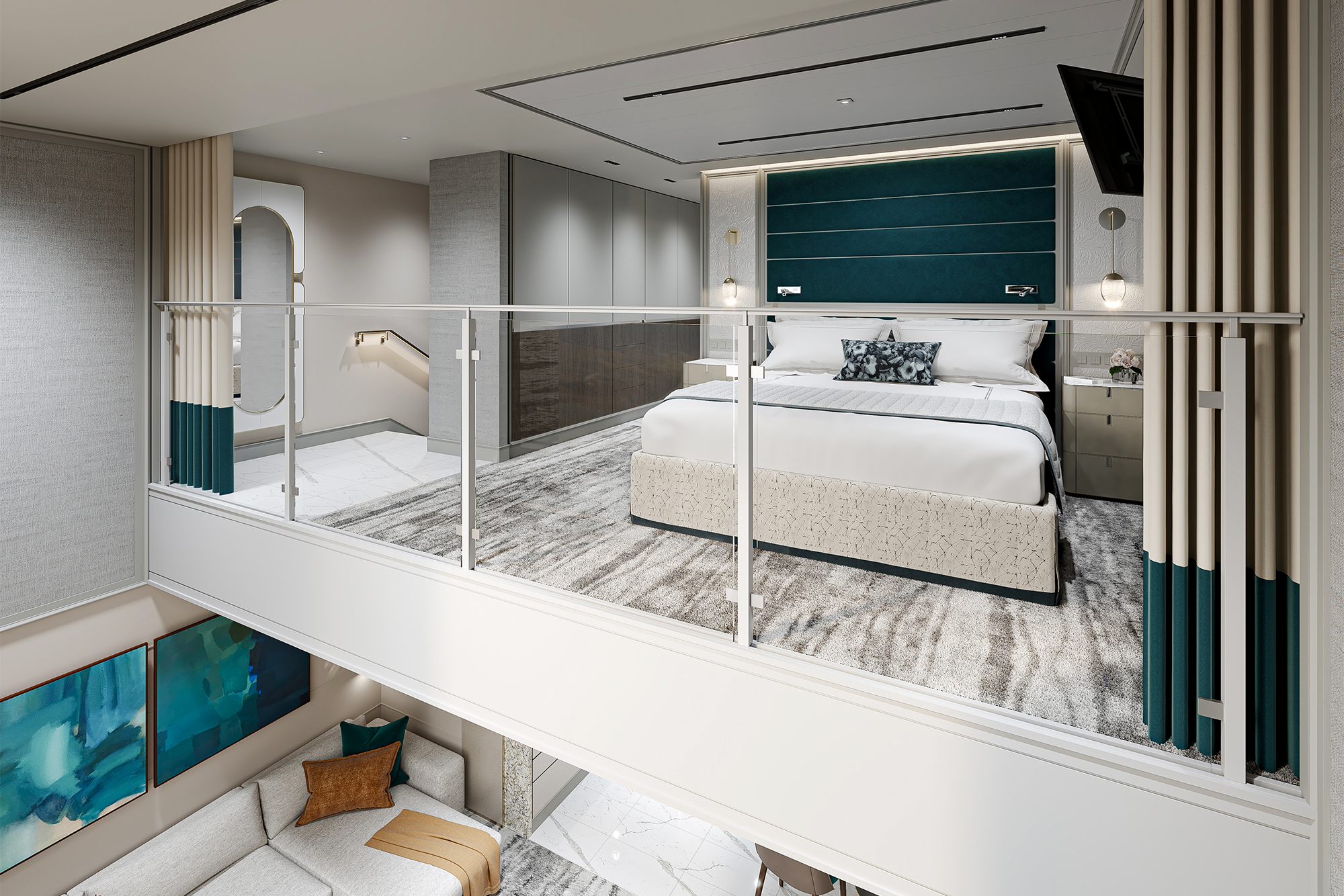 The bedroom of a Loft Suite aboard Seven Seas Prestige featuring a comfy bed area with a glimpse of a lounge below
