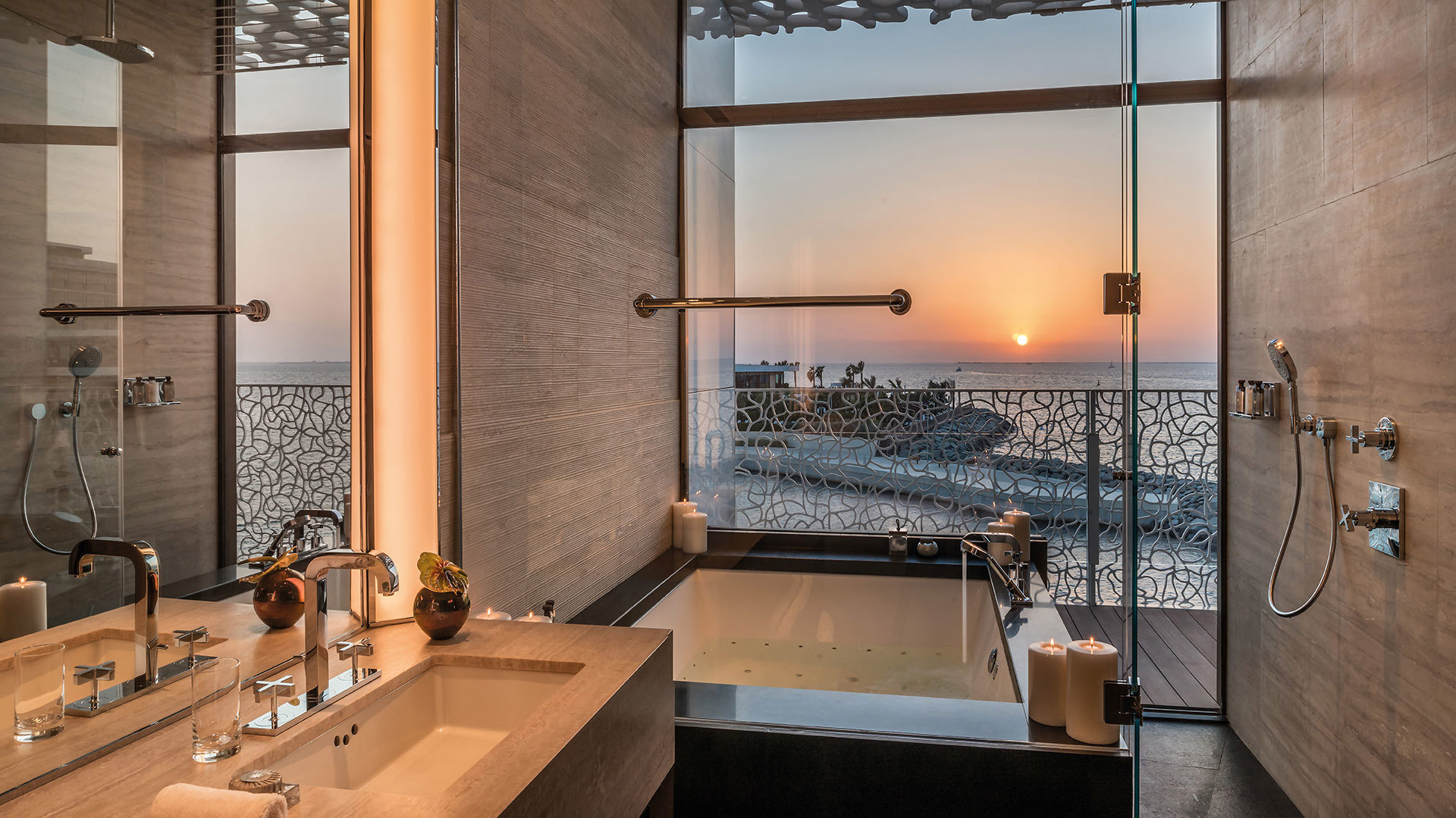 Arabia, Dubai, Bvlgari Resort Dubai, Bathroom sunset