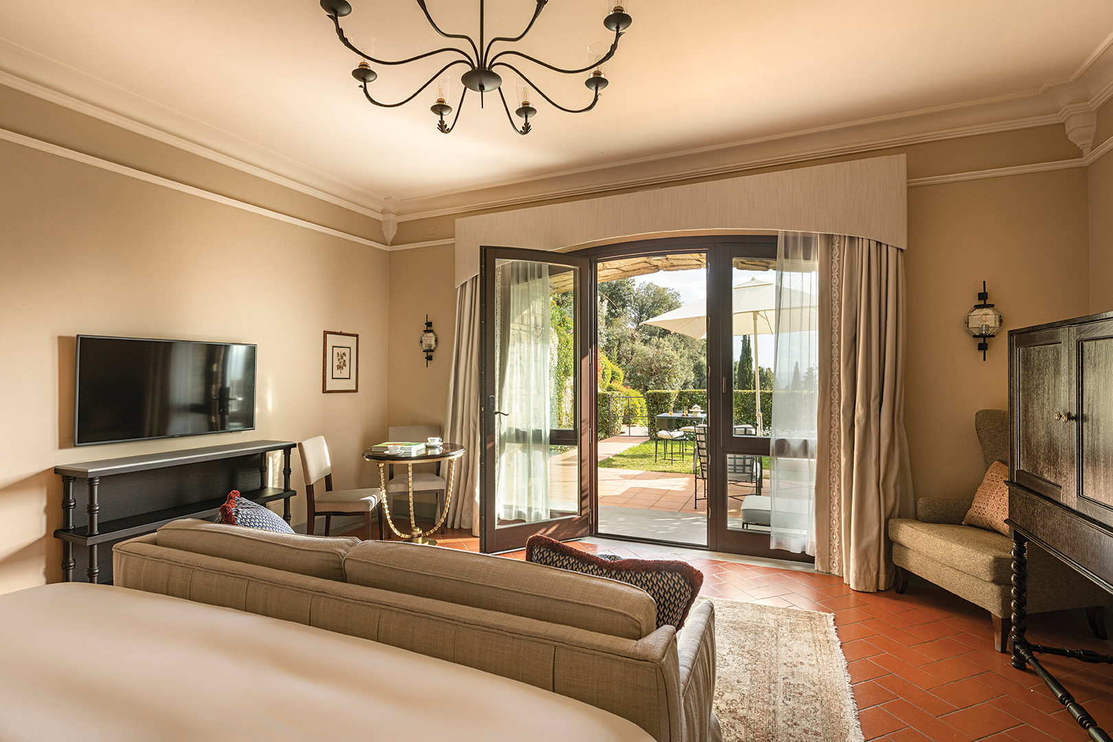 Europe, Italy, Florence, Villa San Michele, A Belmond Hotel, Florence, Bedroom and deck