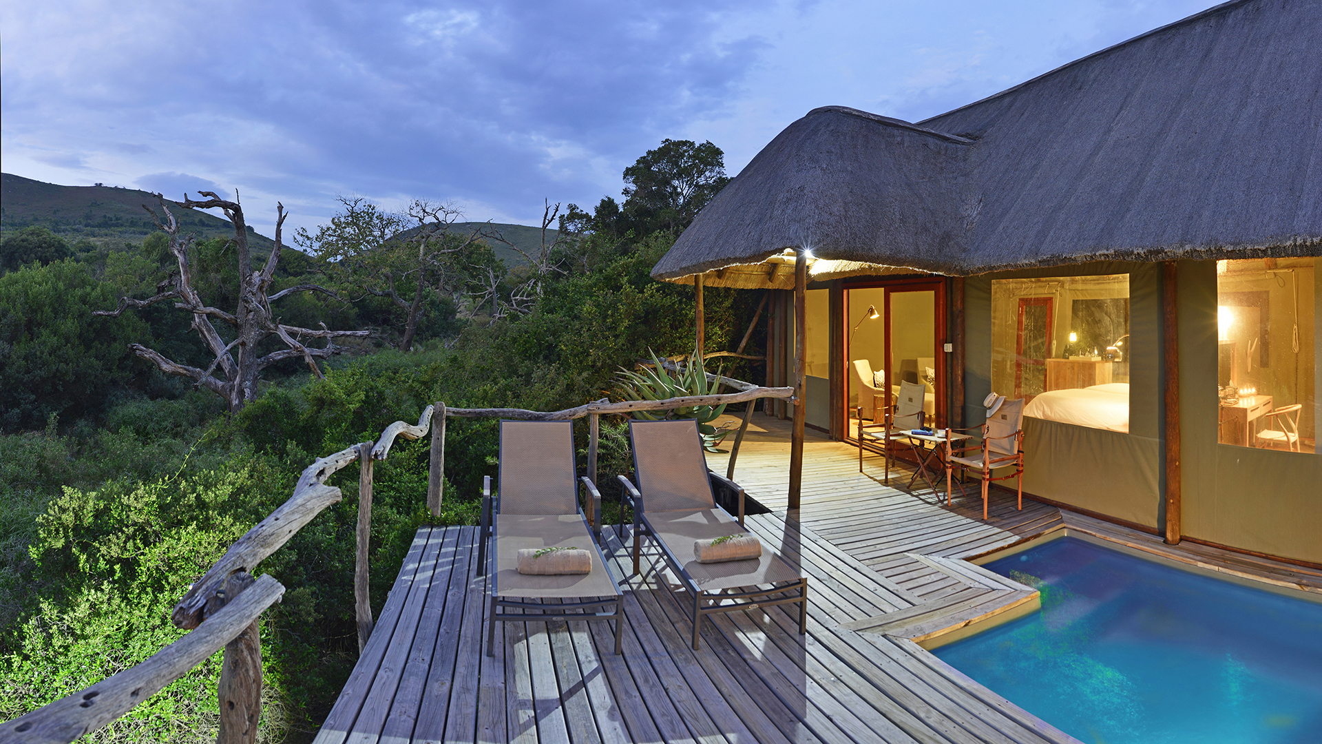  Africa, South Africa, Bayethe Tented Lodge at Shamwari Private Game Reserve, Private deck and plunge pool