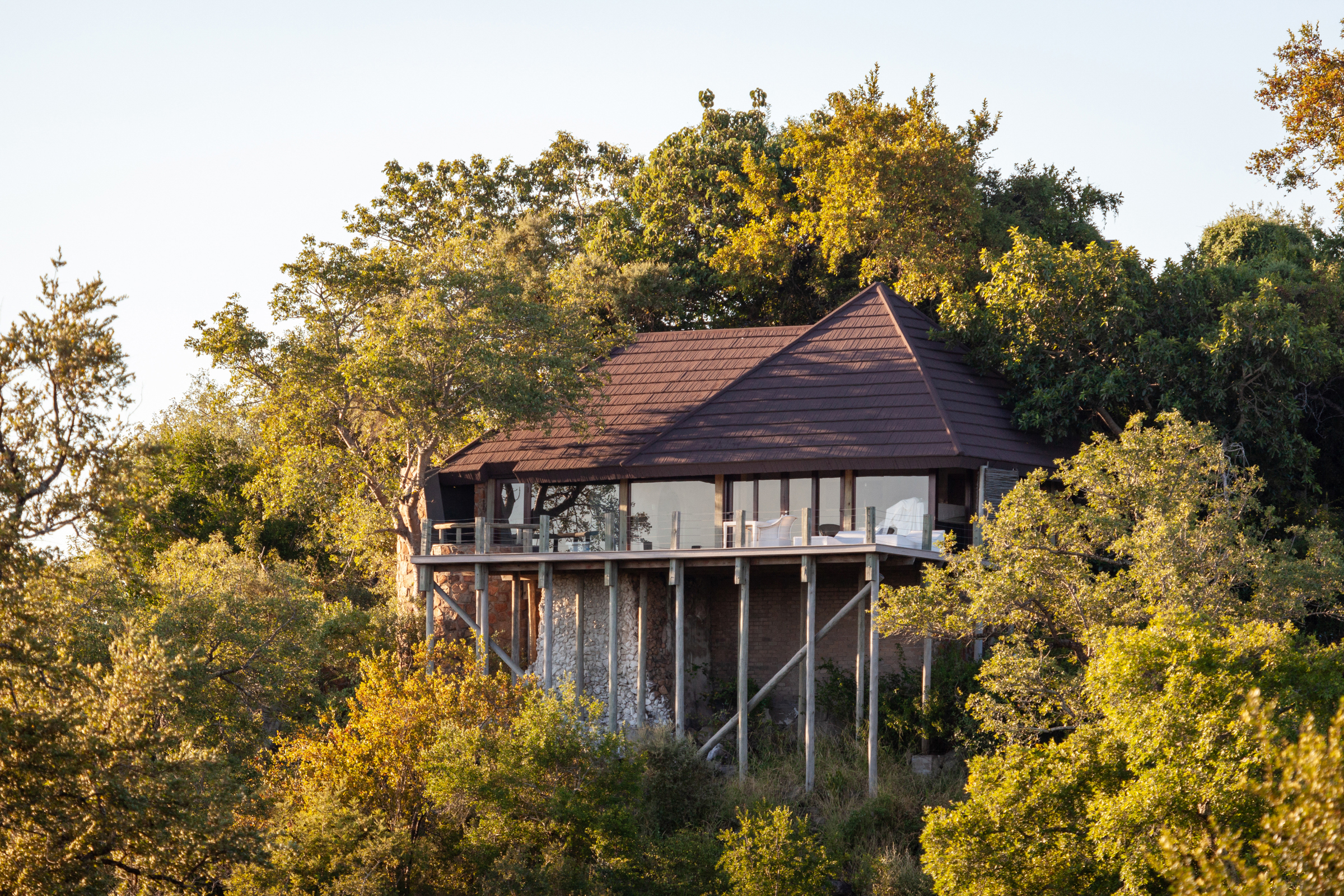 Stilted hut of Leopard Hills within green foliage 