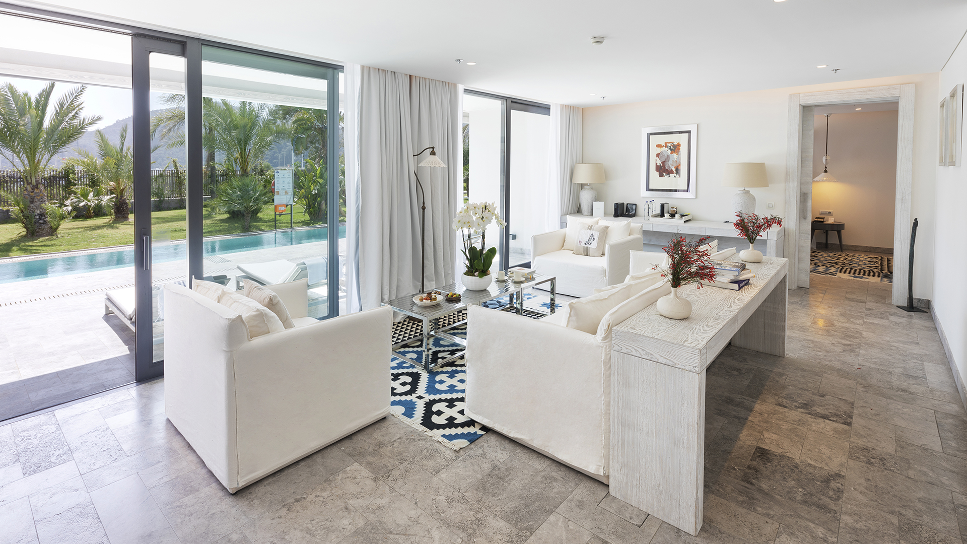 Europe, Turkey, D-Resort Gocek, Presidential Suite Lounge looking out onto a pool