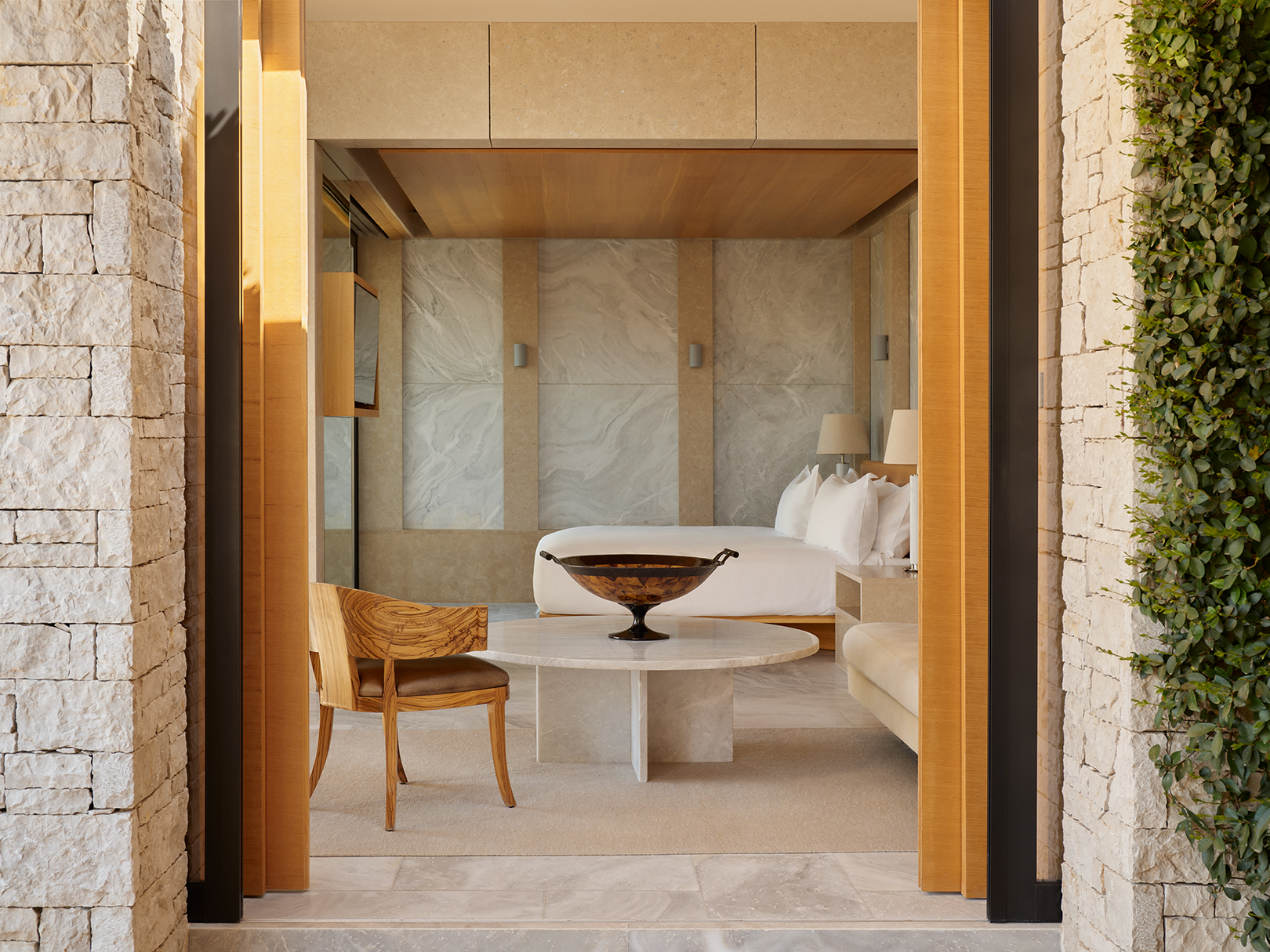 Europe, Greece, Amanzoe resort, pavilion villa bedroom 