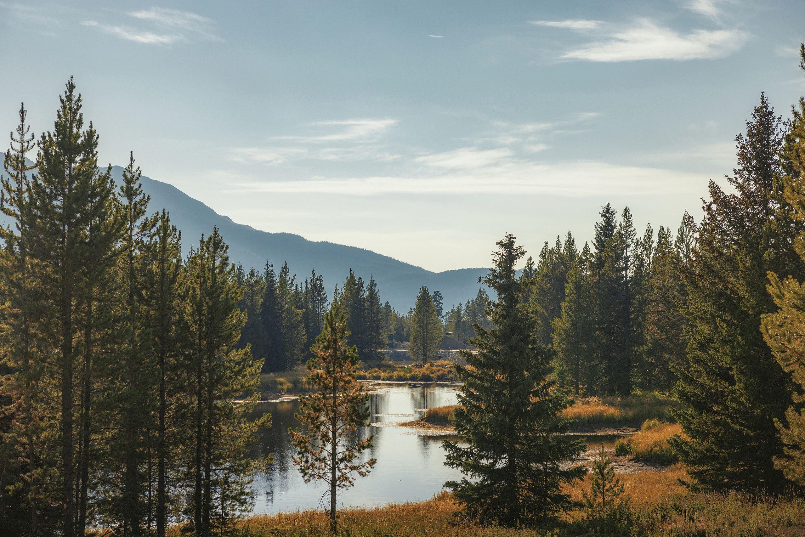 A glassy lake surrounded by trees beneath a clear sky and backed by mountains in Montana