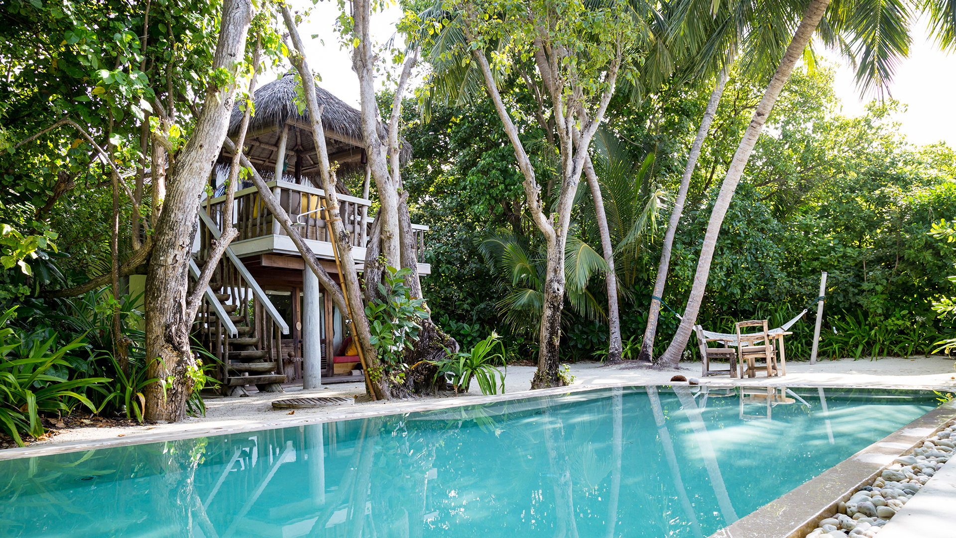 Indian Ocean, Maldives, Soneva Fushi, Crusoe villa with pool