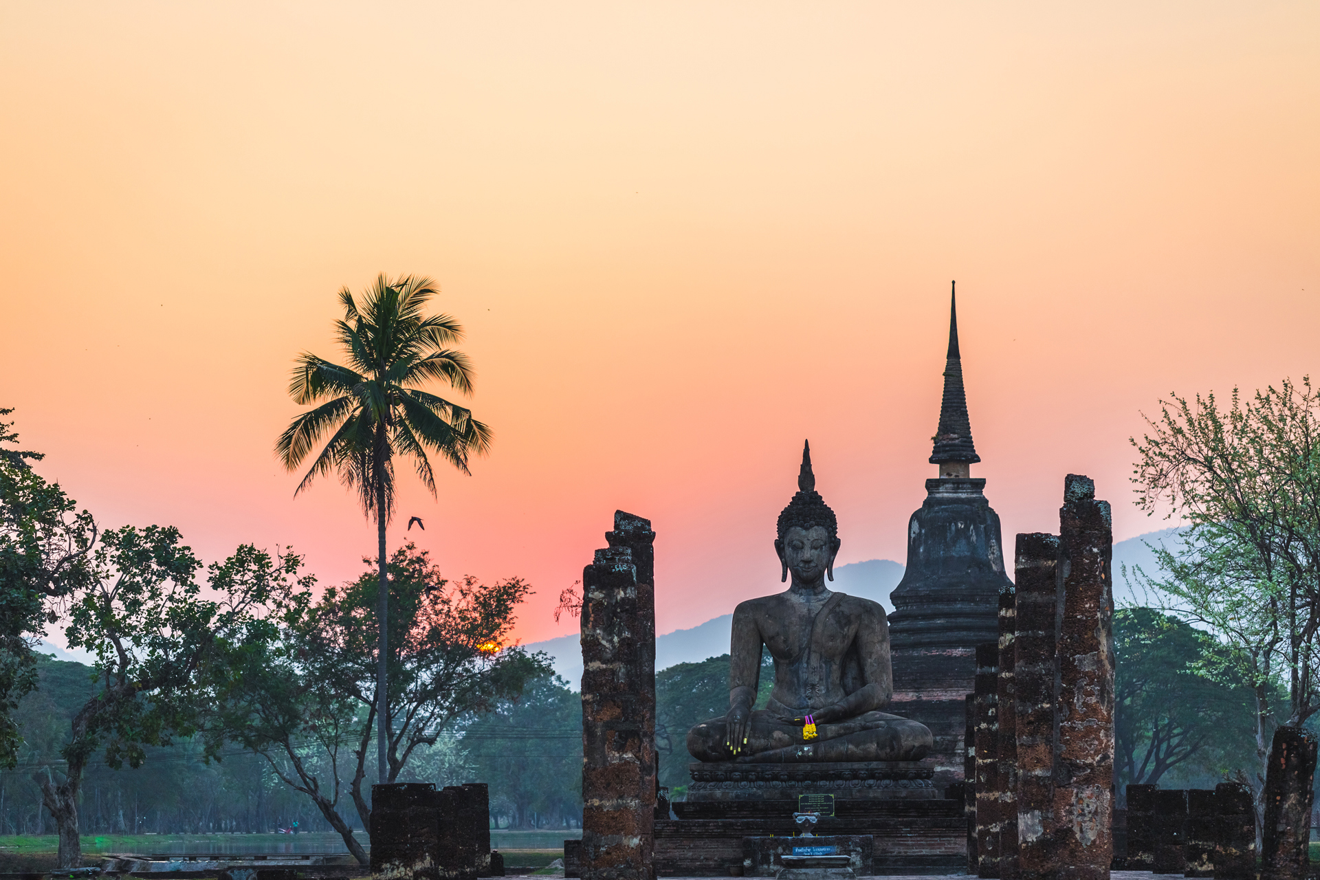 A temple in Sukhothai, Thailand during sunset