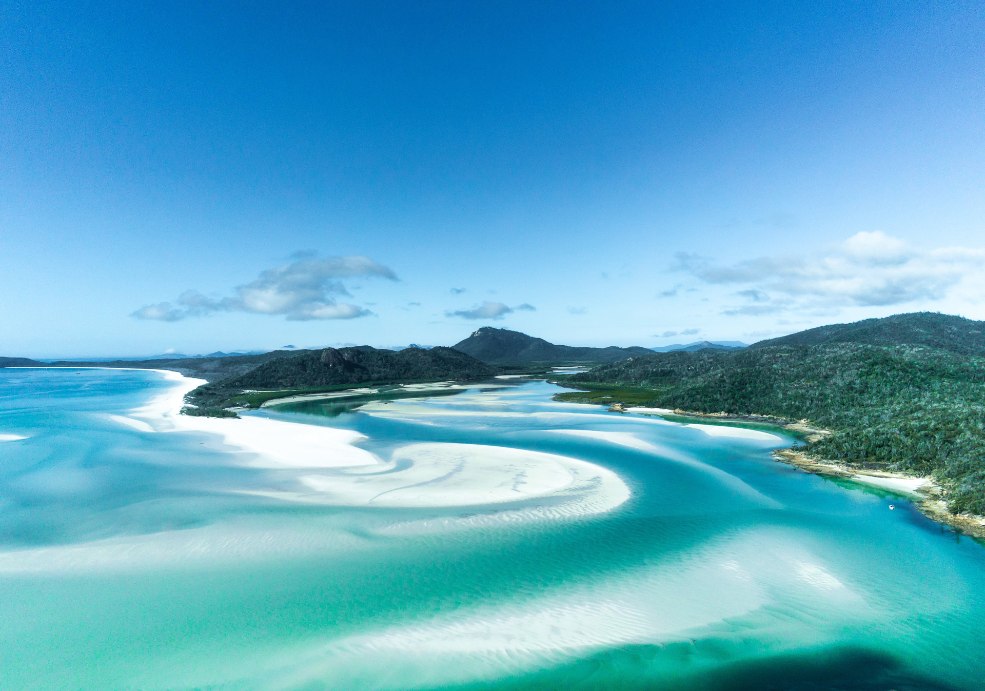 Wide aerial view of the coast of Whitsunday Islands