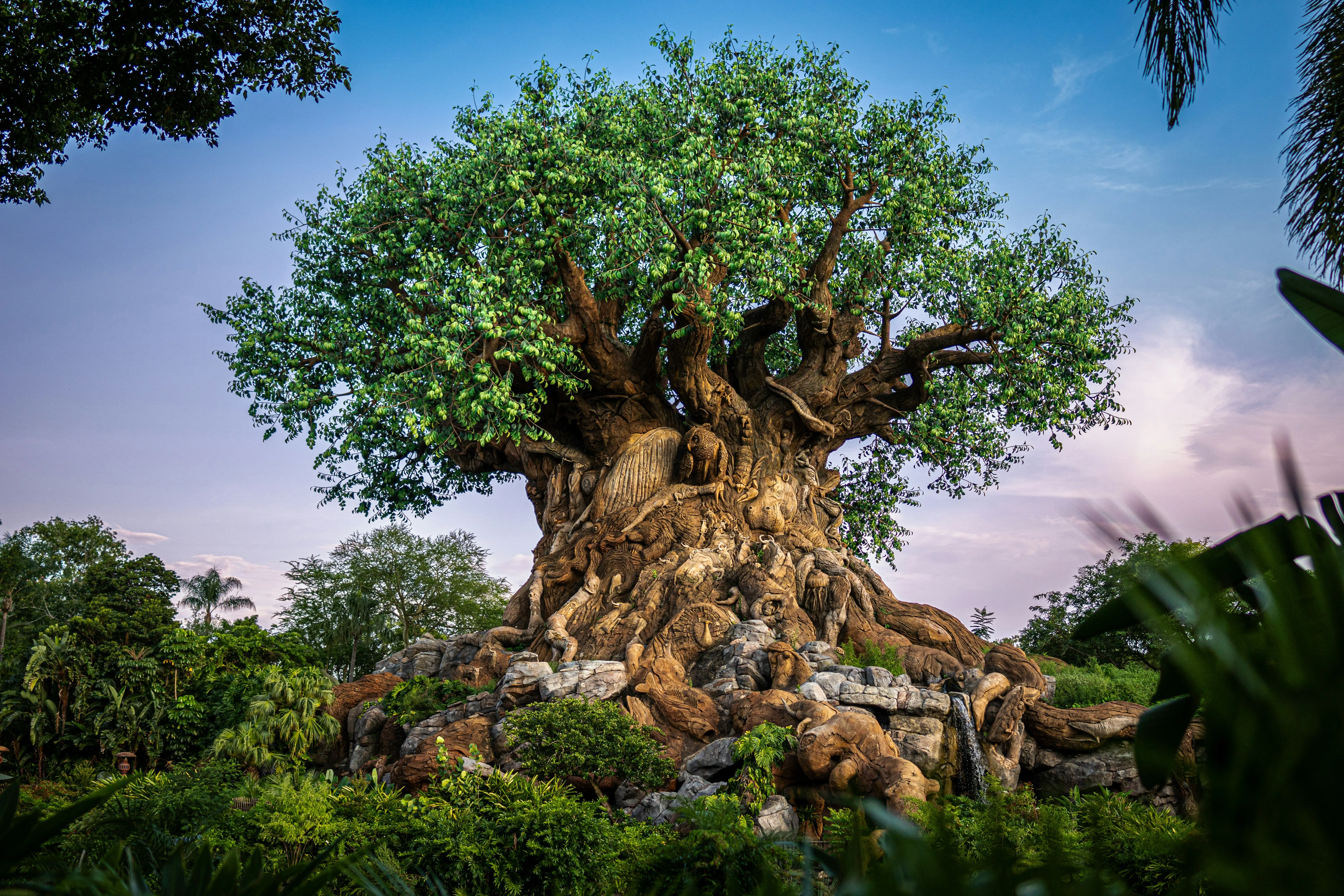 Large sculpted tree called the 'Tree of Life' at Animal Kingdom in Orlando surrounded by lush greenery and a reflective pond under a bright daytime sky.