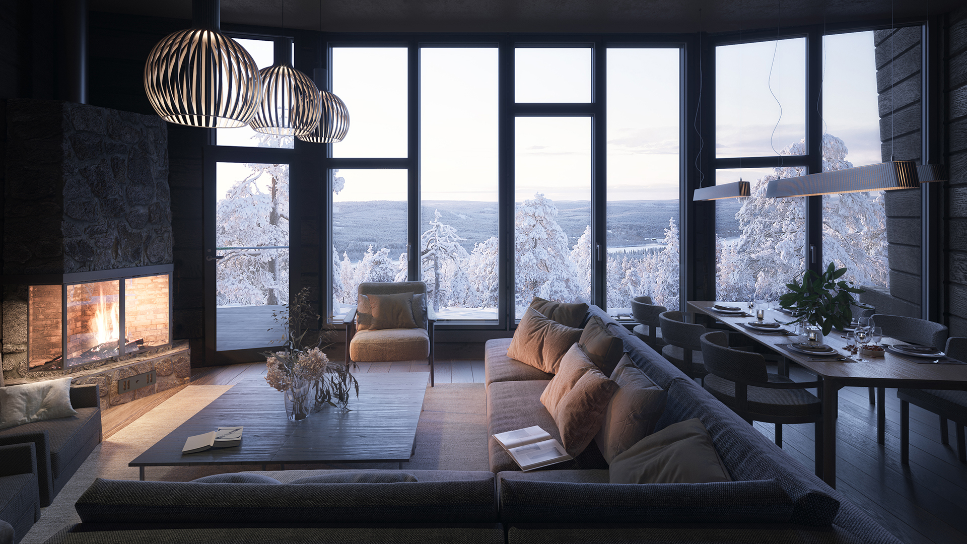 Winter hotel living room