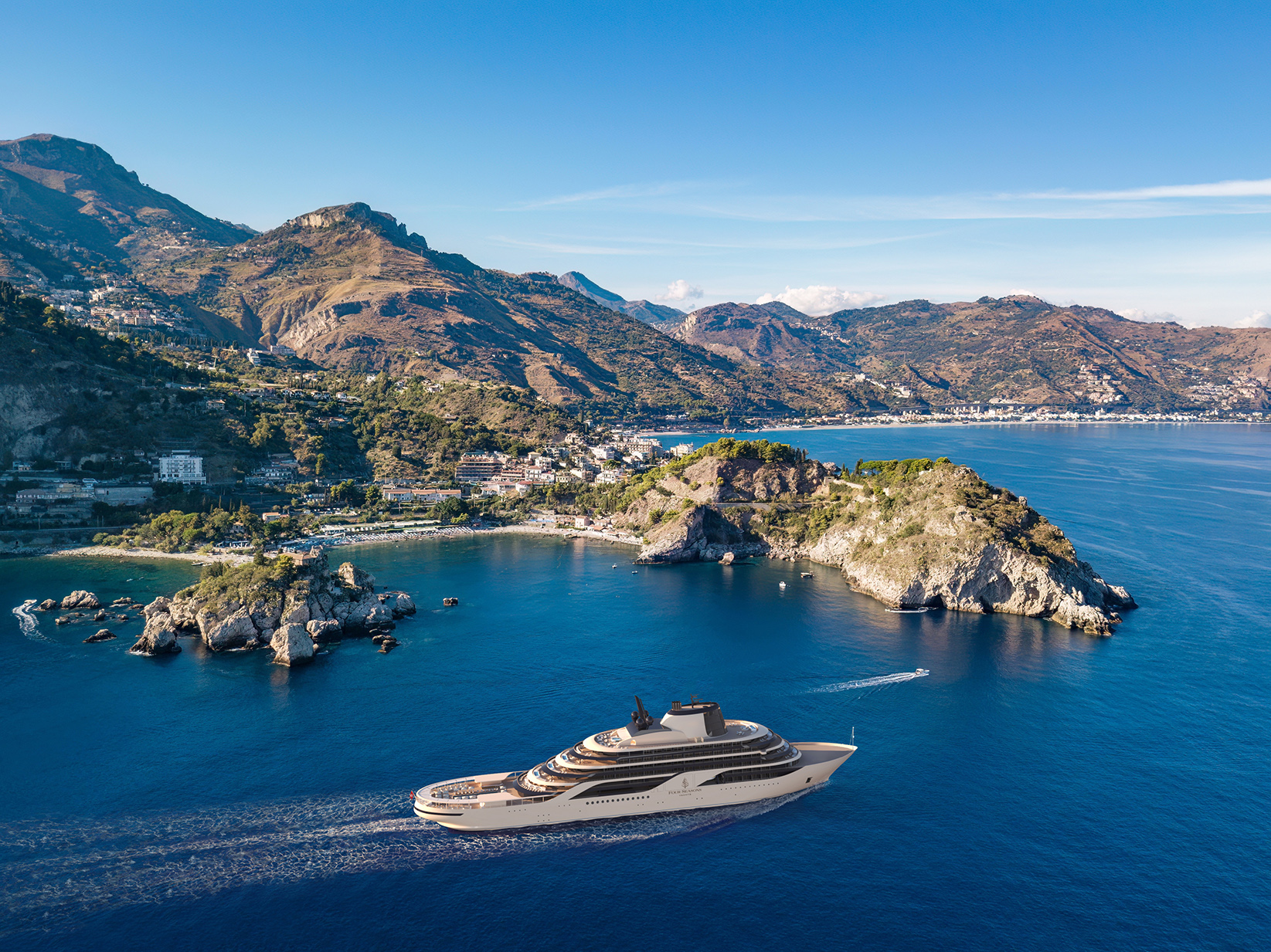 Four Seasons I yacht crusing by the coast of Taormina, Sicily