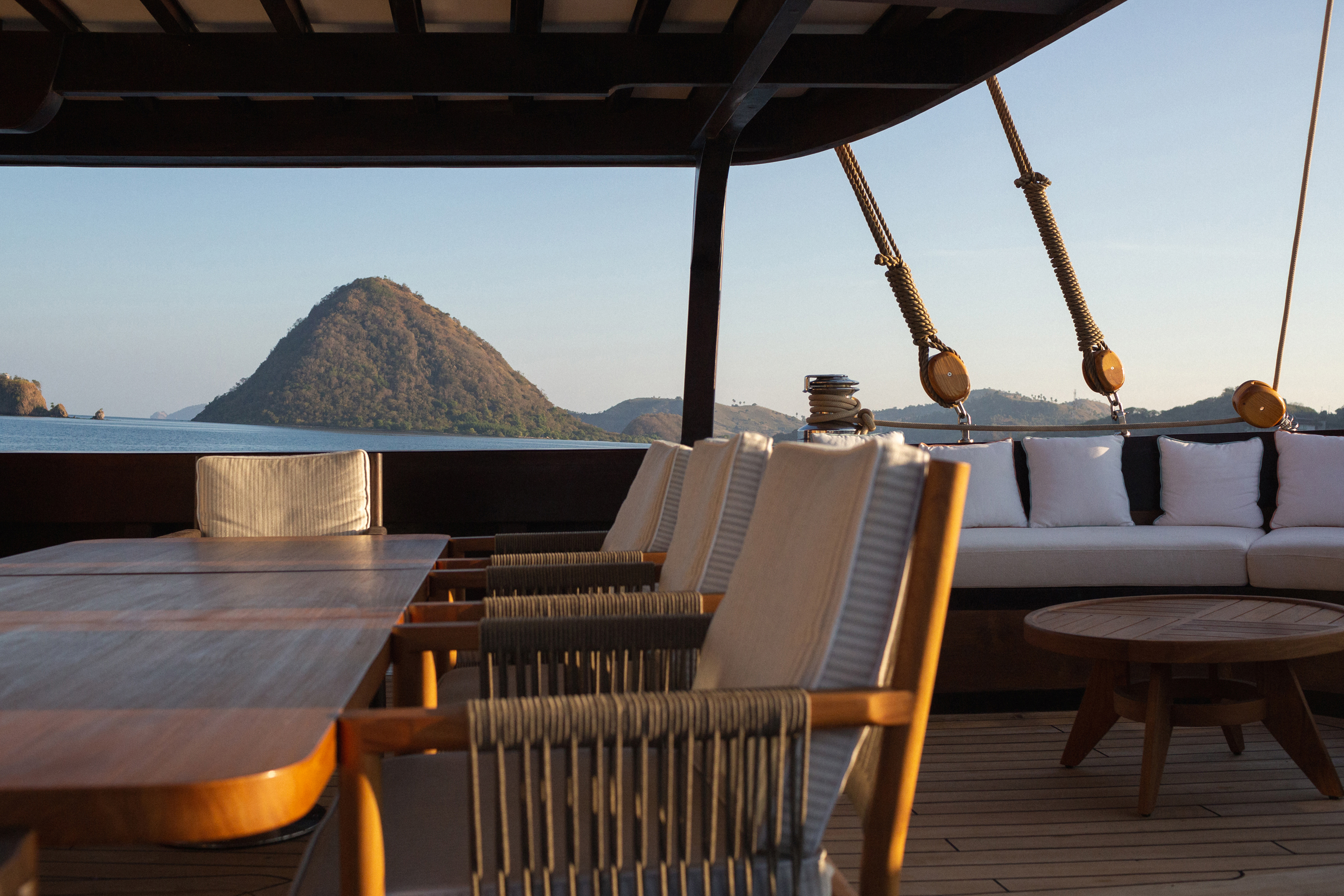 Covered seating area of Vela yacht