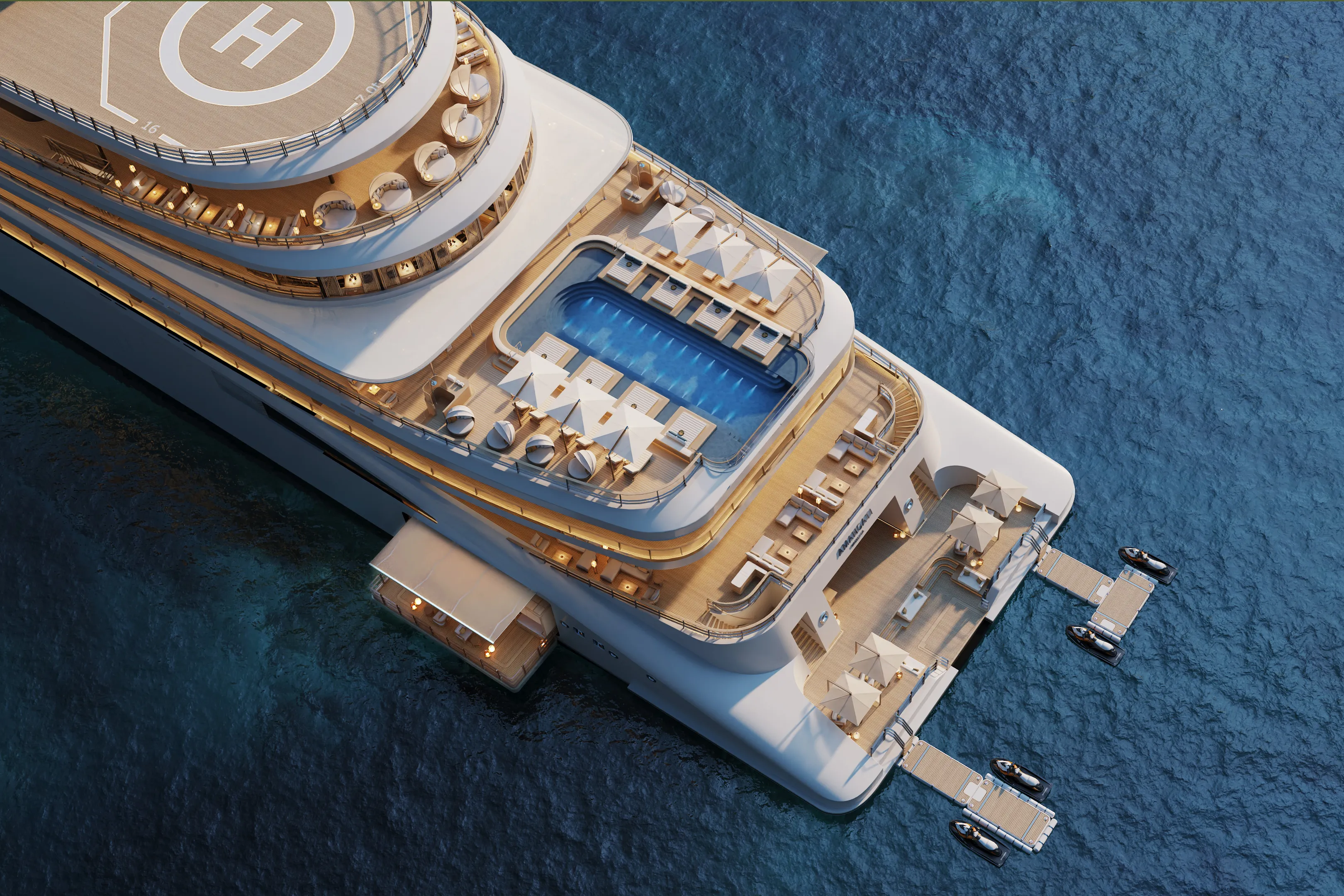 Aerials view of Amangati's stern looking down on a helipad, swimming pool, seating area and marina deck with pontoons and sun umbrellas