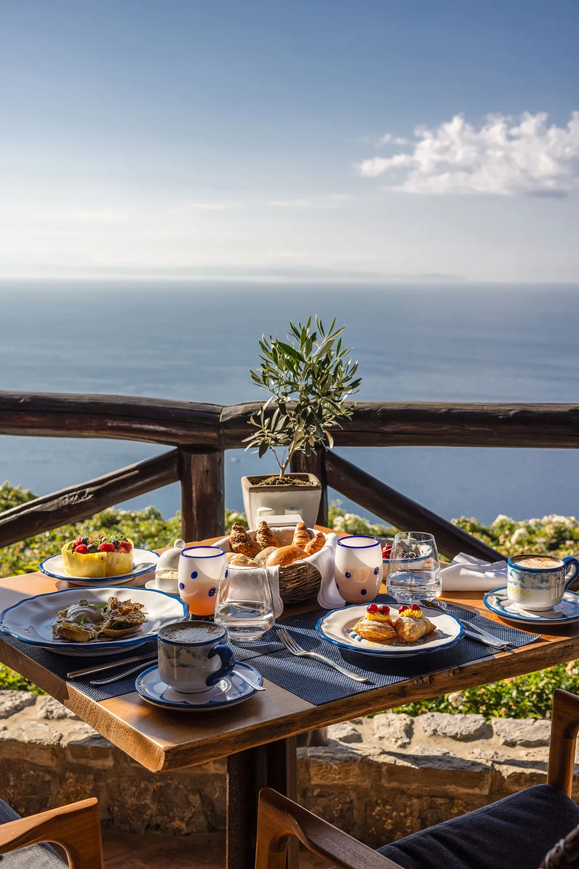 Europe, Italy, Amalfi Coast, Monastero Santa Rosa, breakfast table set for two with a sea view