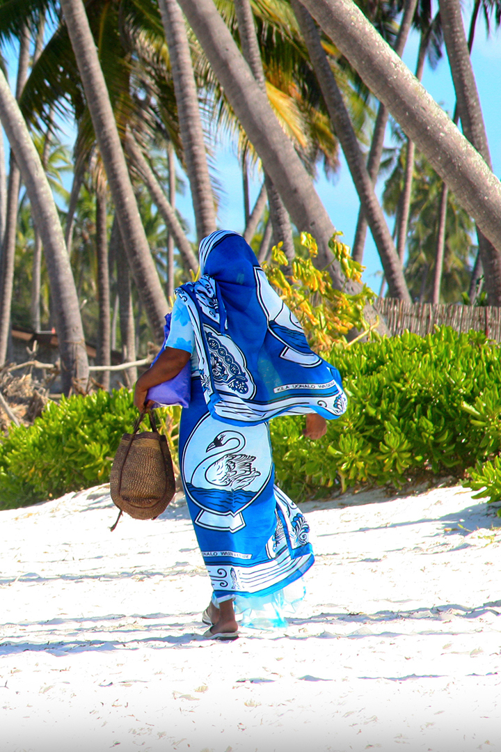 A woman on a sandy beach wearing a blue dress and headdress with a blue and white swan design