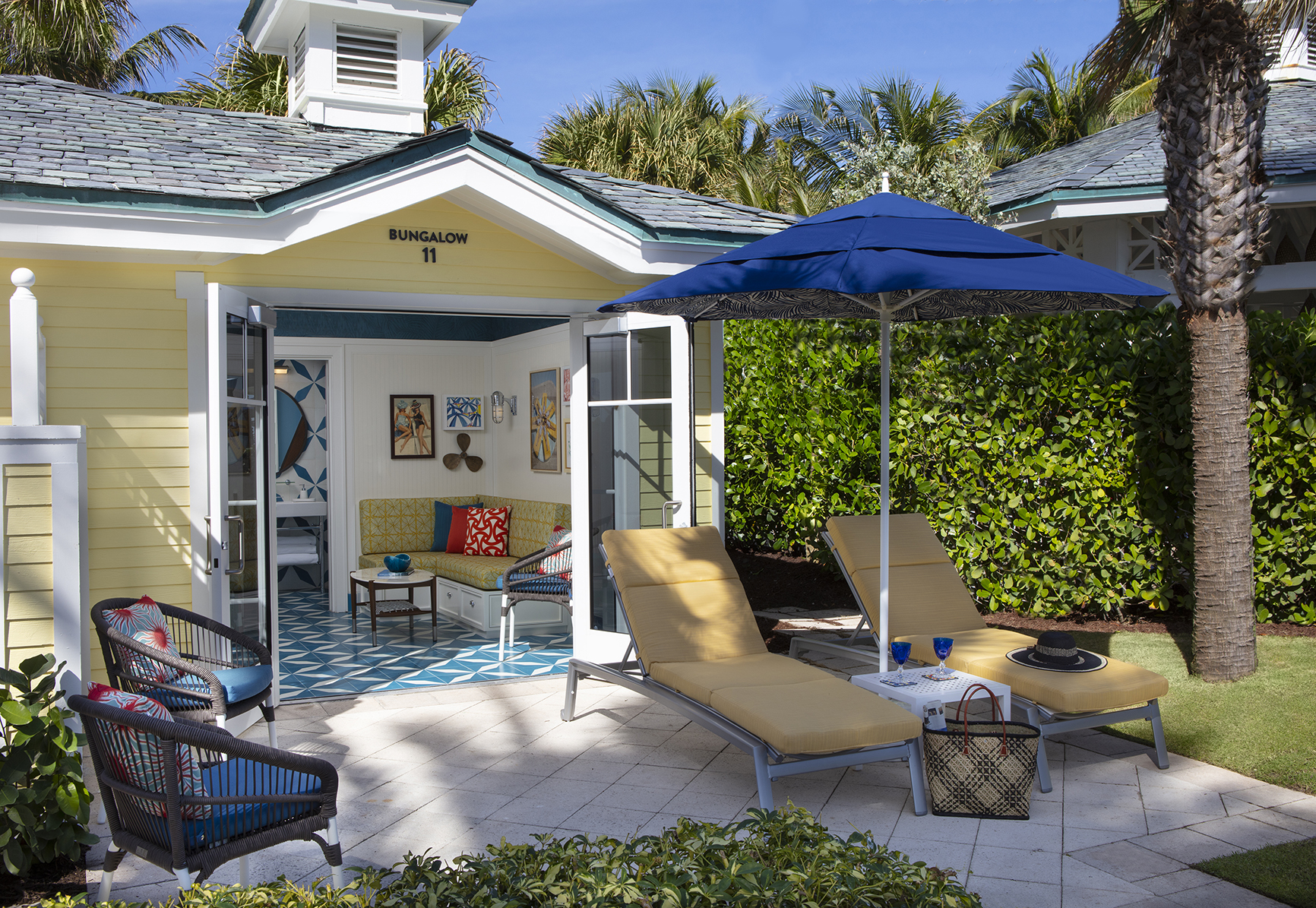 North America, USA & Canada, Florida, The Breakers, poolside bungalows with sun loungers outside