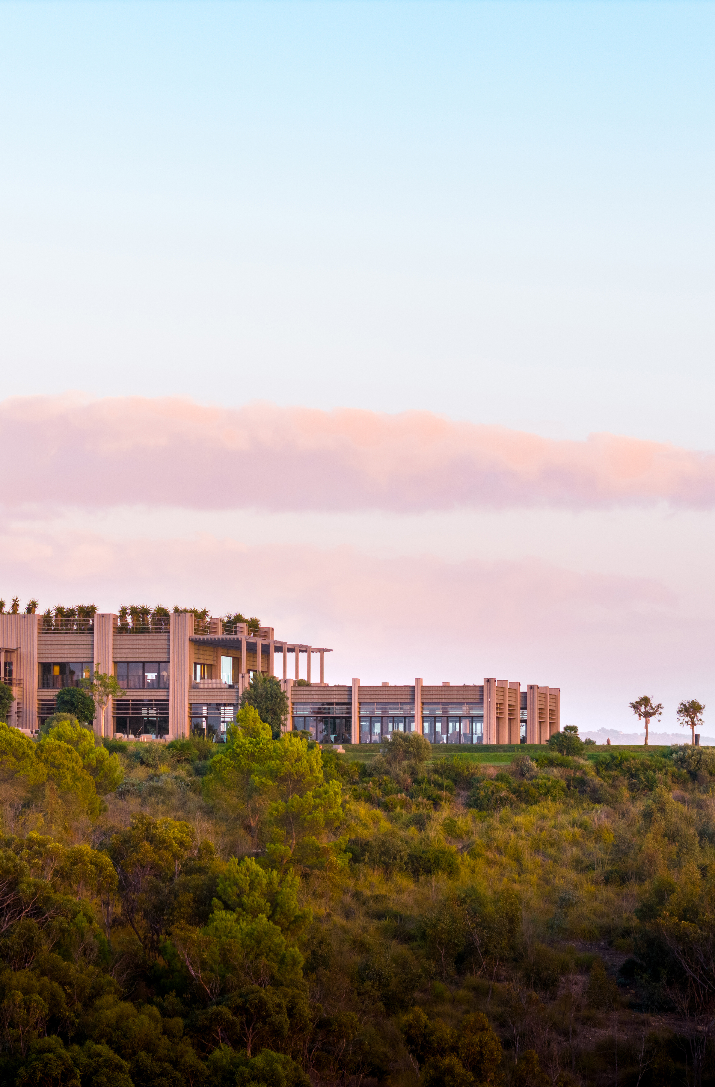 Wooden exterior of hotel at dusk with established greenery below
