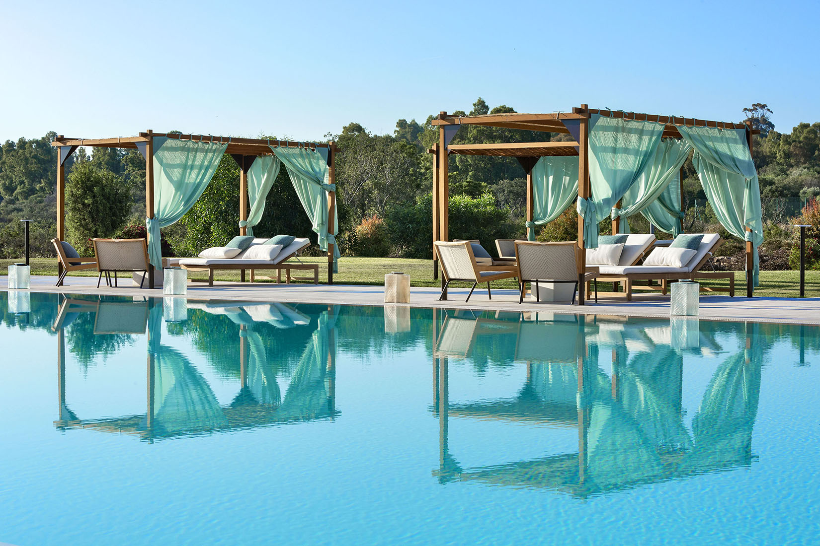 Europe, Italy, Sardinia, Bglioni Resort, Pool and sun loungers