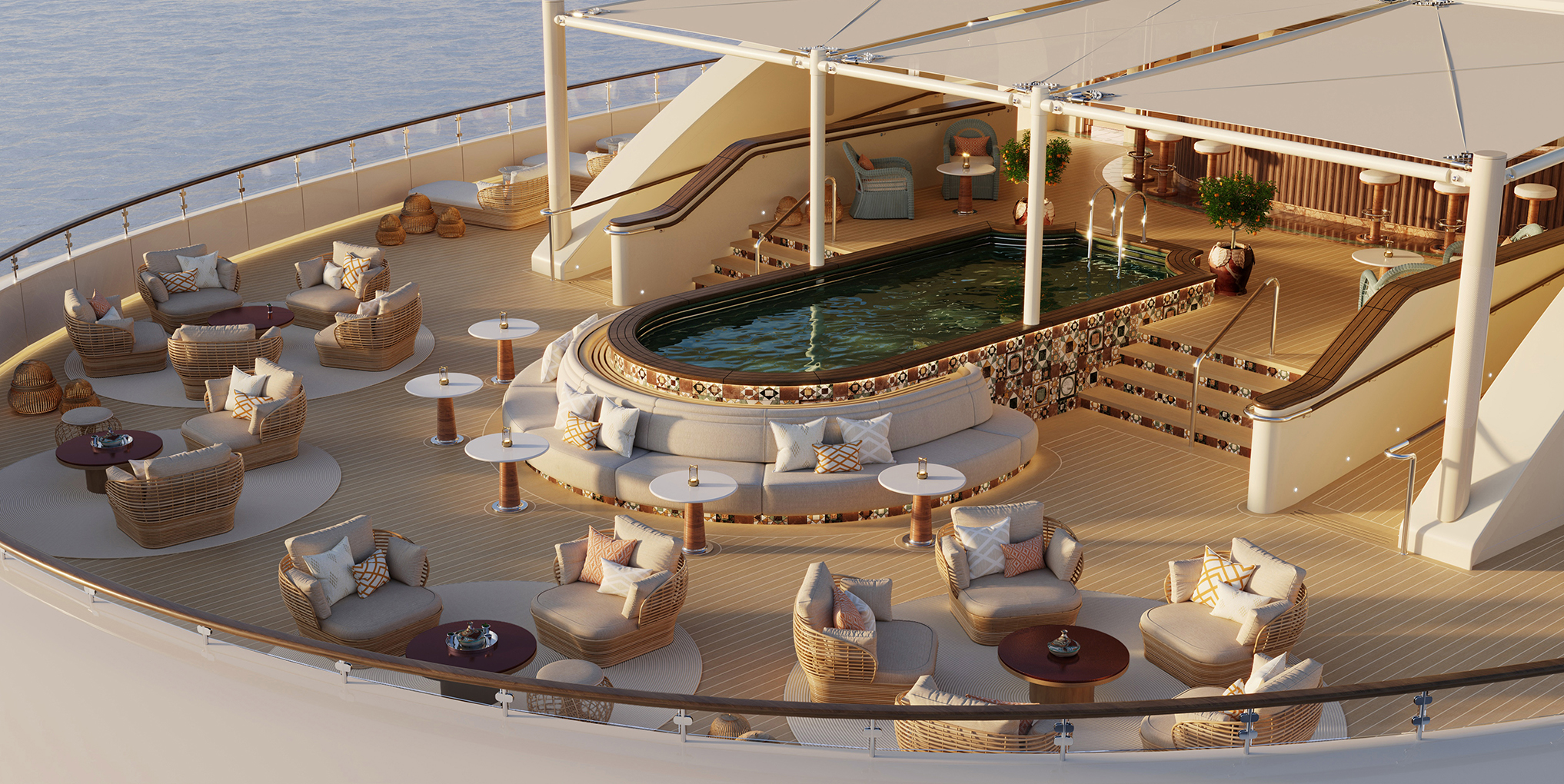  A pool, bar and seating areas on a terrace on Four Seasons I yacht 
