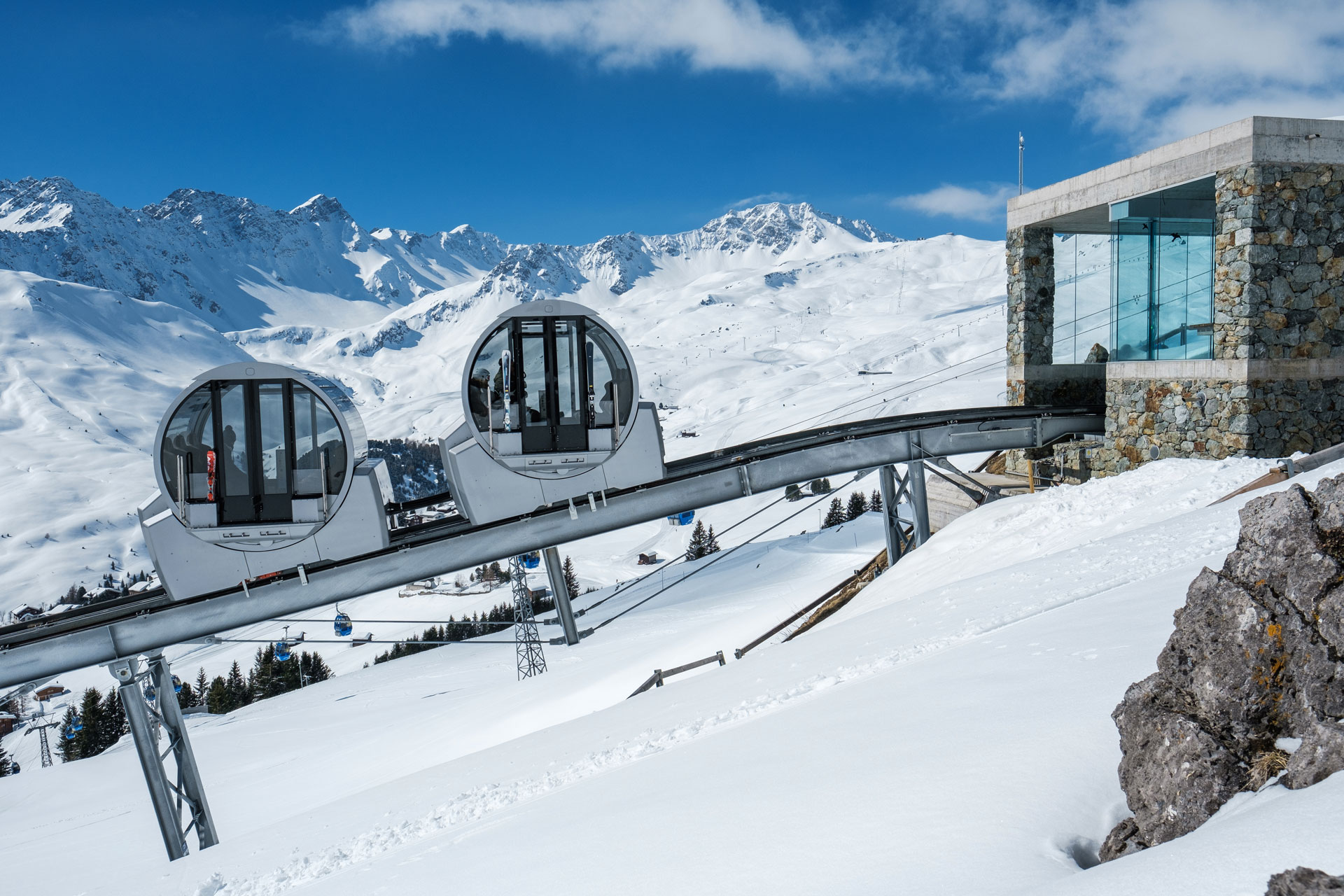 Modern cable cars at the Tschuggen Grand Hotel