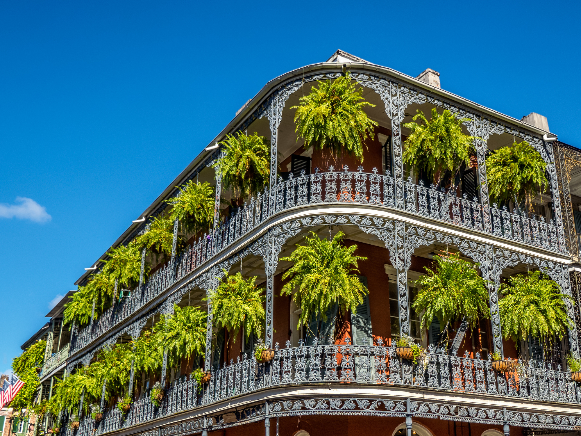 Historic French Quarter building with ornate wrought-iron balconies and hanging ferns in New Orleans, Louisiana