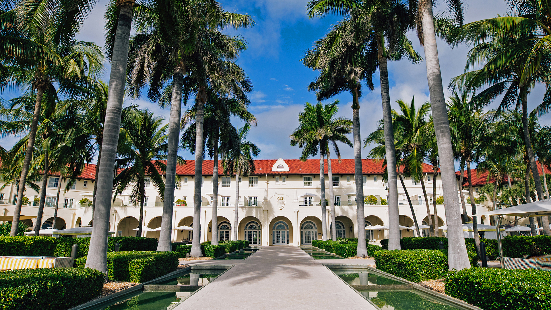 A walkway lined with palm trees leading to the exterior of Casa Marina Key West, Florida
