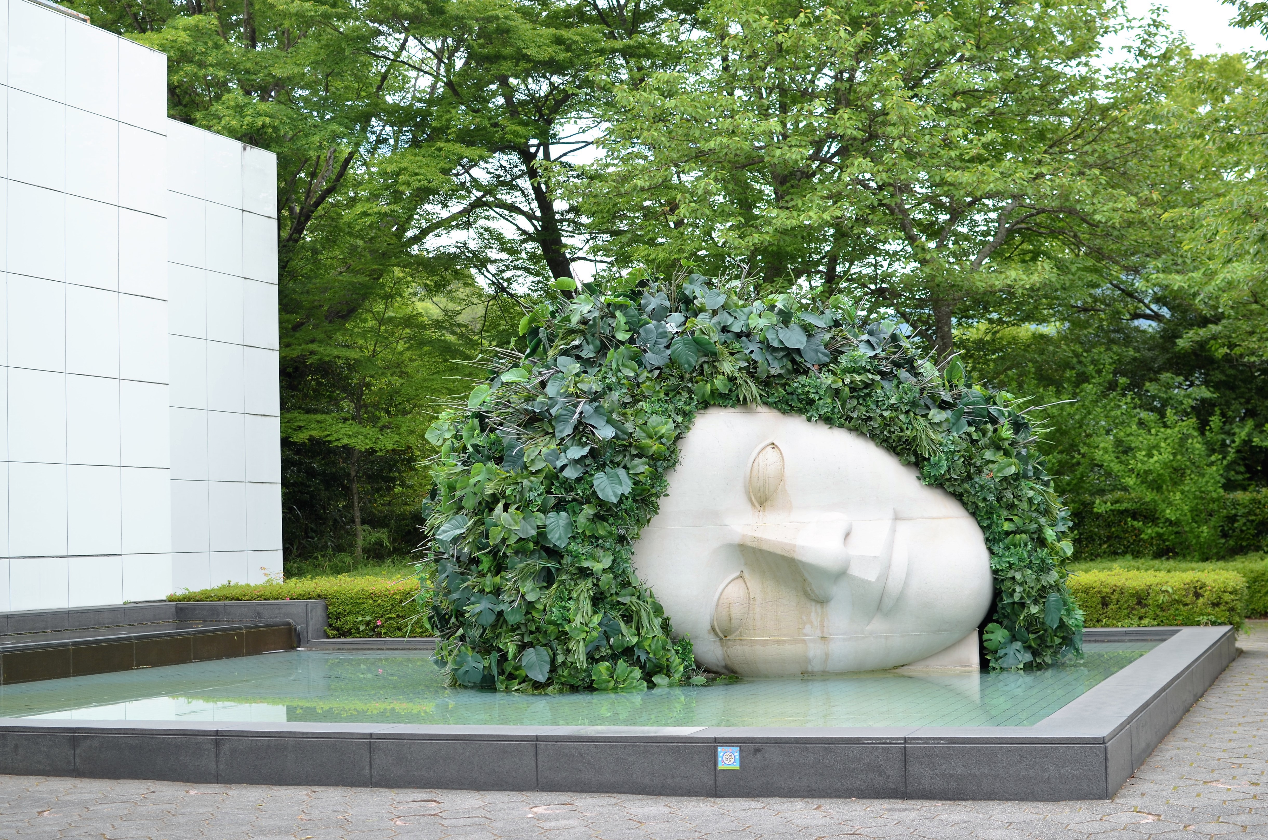 A sculpture featuring a white head adorned with greenery in a fountain