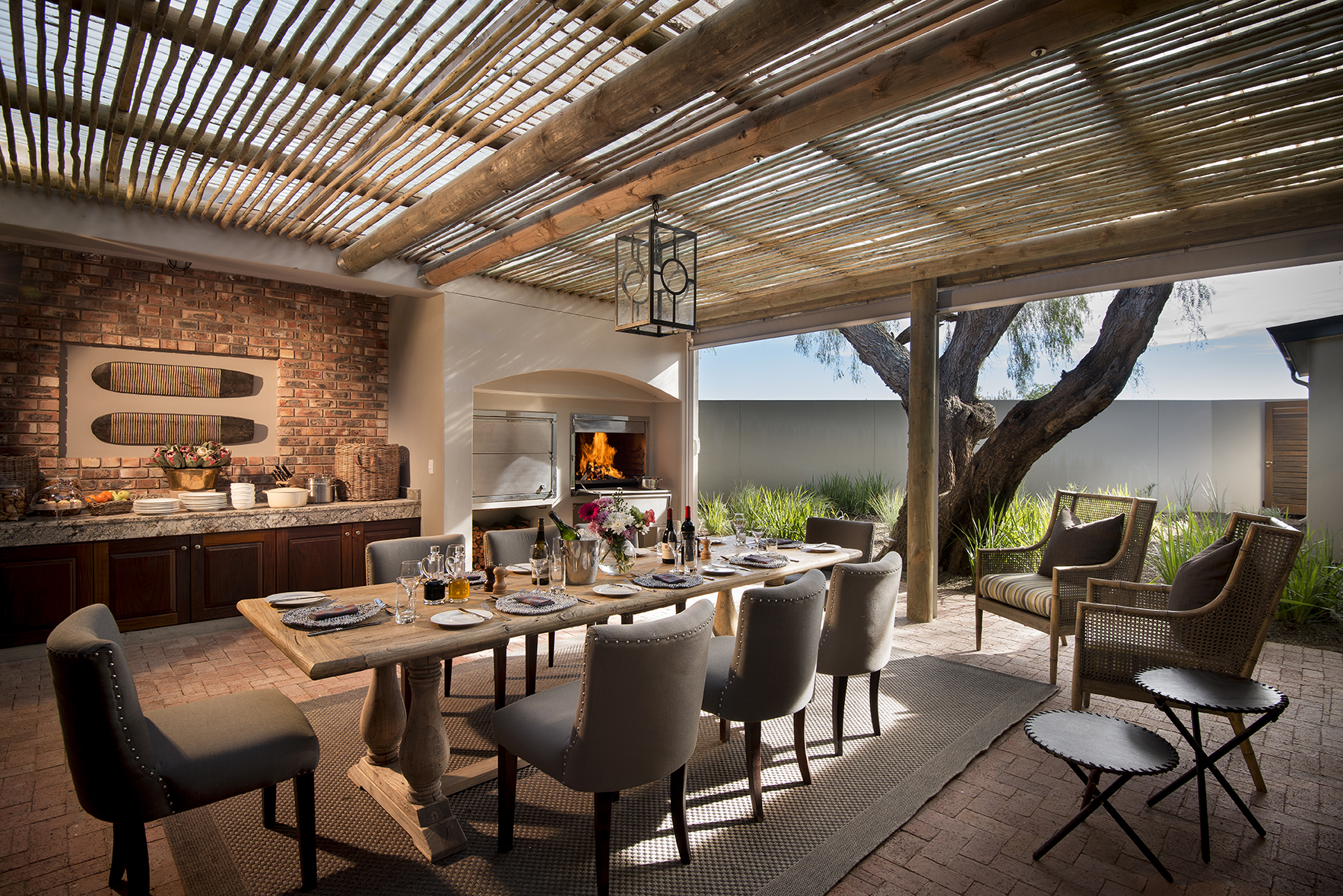 Africa, South Africa, Kwandwe Private Game Reserve Fort House, covered outdoor dining area 
