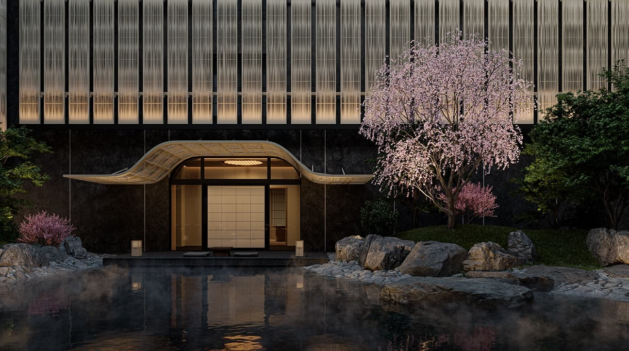 Elegant Japanese-inspired entrance of Capella Kyoto with curved wooden roof, cherry blossom tree, rock garden, and reflective water feature.