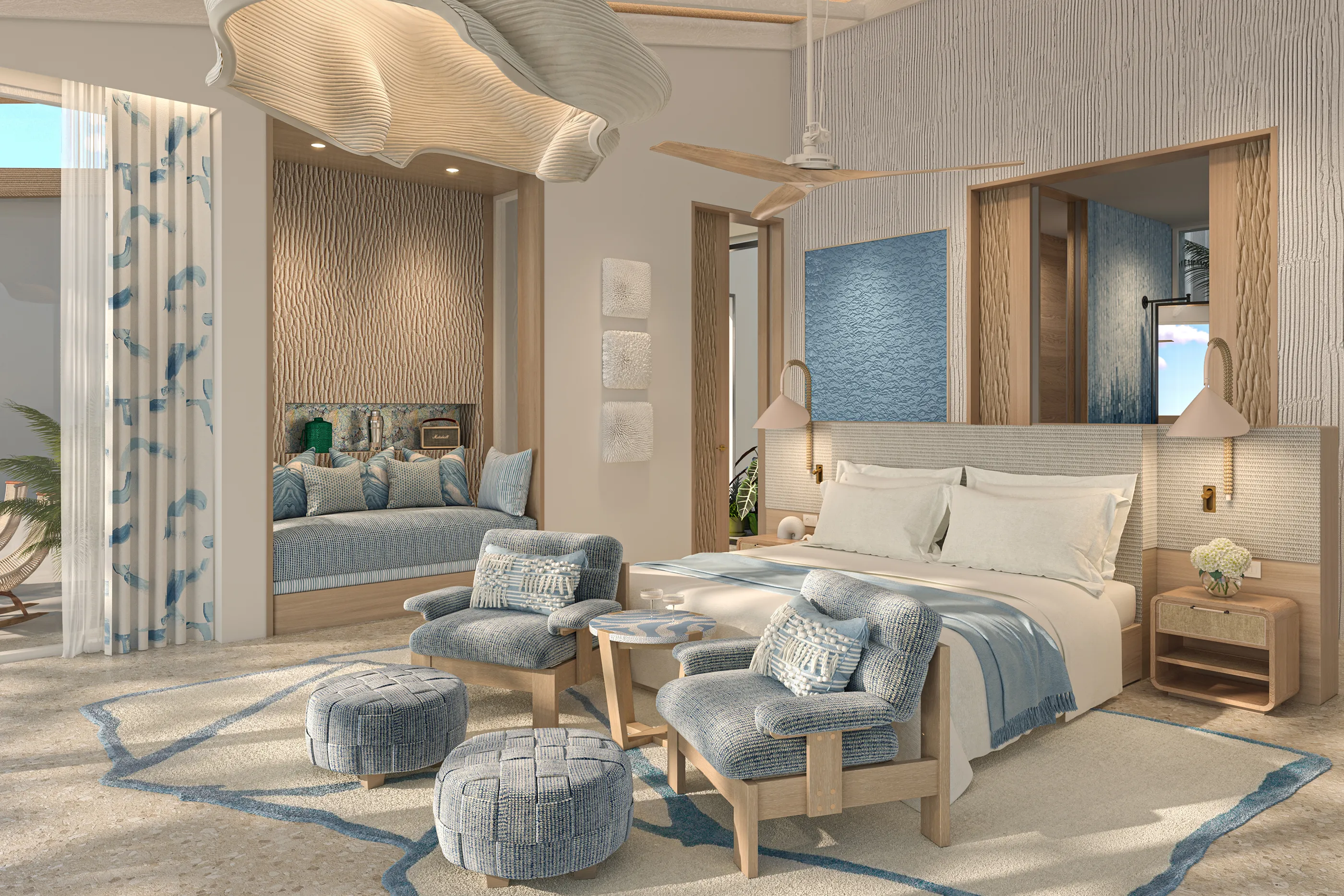 Elegant bedroom in the Presidential Villa at .Here Resort in the Maldives featuring modern coastal design and ocean-inspired décor.