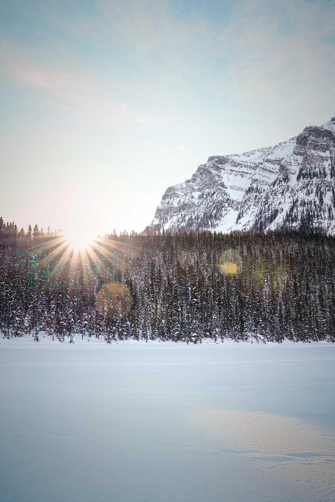 The sun shining just above a snowy forest with a rocky mountain to the right
