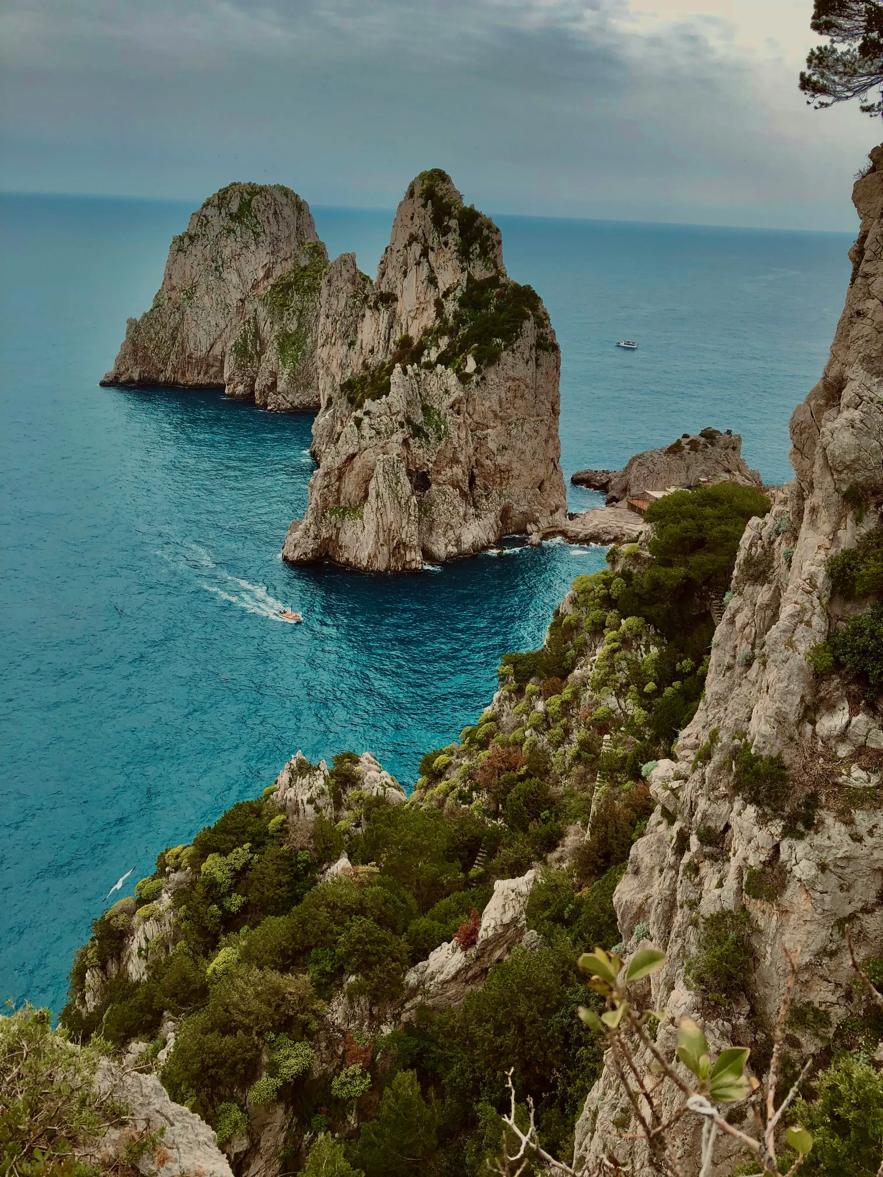 Dramatic limestone sea stacks and turquoise waters along the rugged coastline of Capri, Italy.