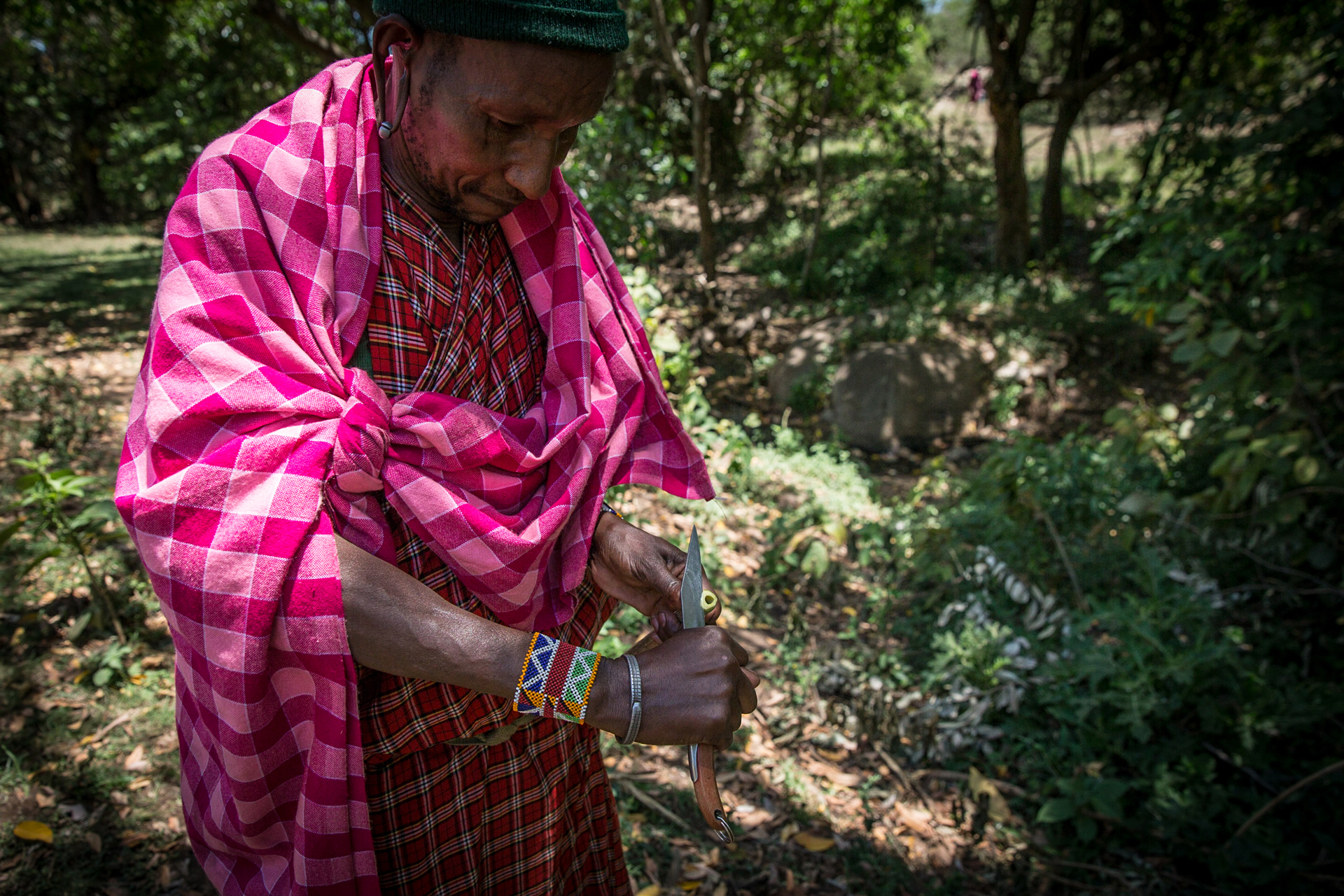 A Kenyan local cutting a piece of fruit
