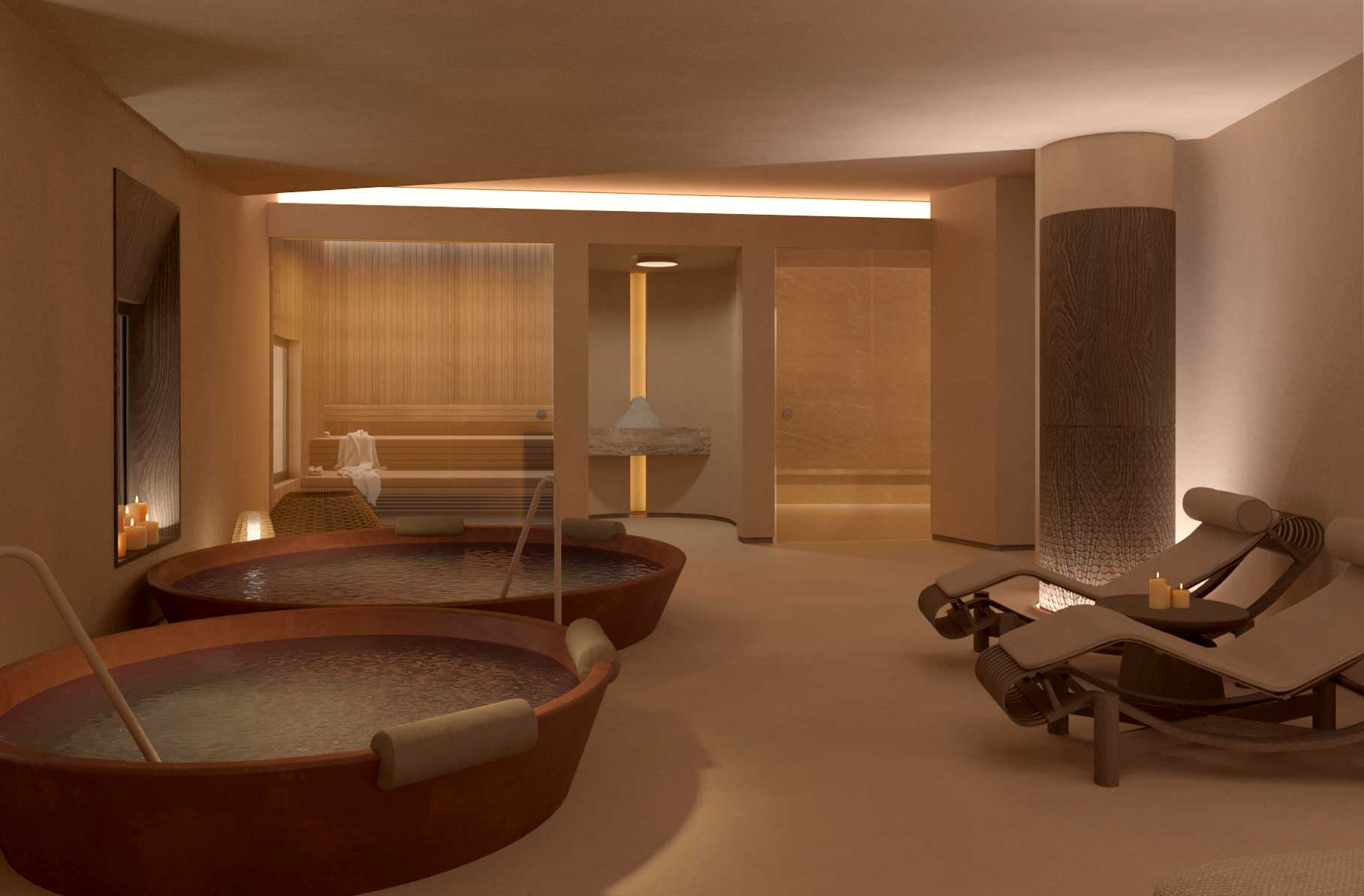 Warmly lit spa interior with round soaking tubs, sauna area, and reclining loungers creating a calm wellness space.