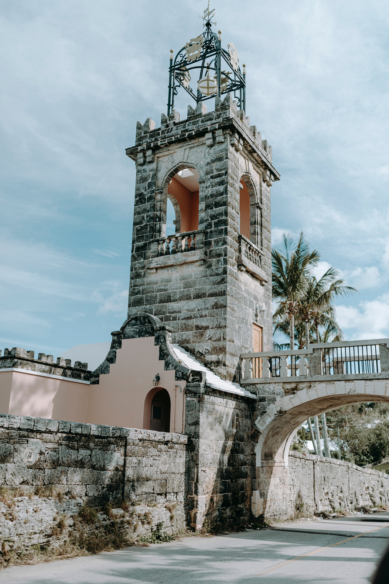 Old stone tower bridge and steeple